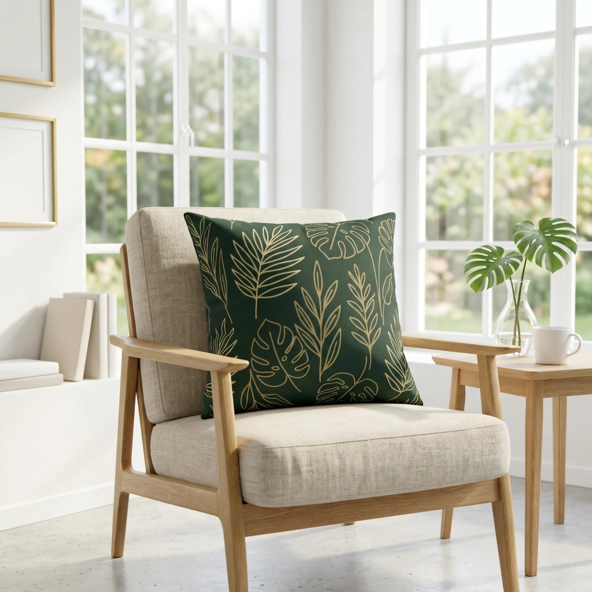 Dark green decorative pillow with gold botanical leaf patterns on a wooden armchair in a bright, sunlit living room with large windows.