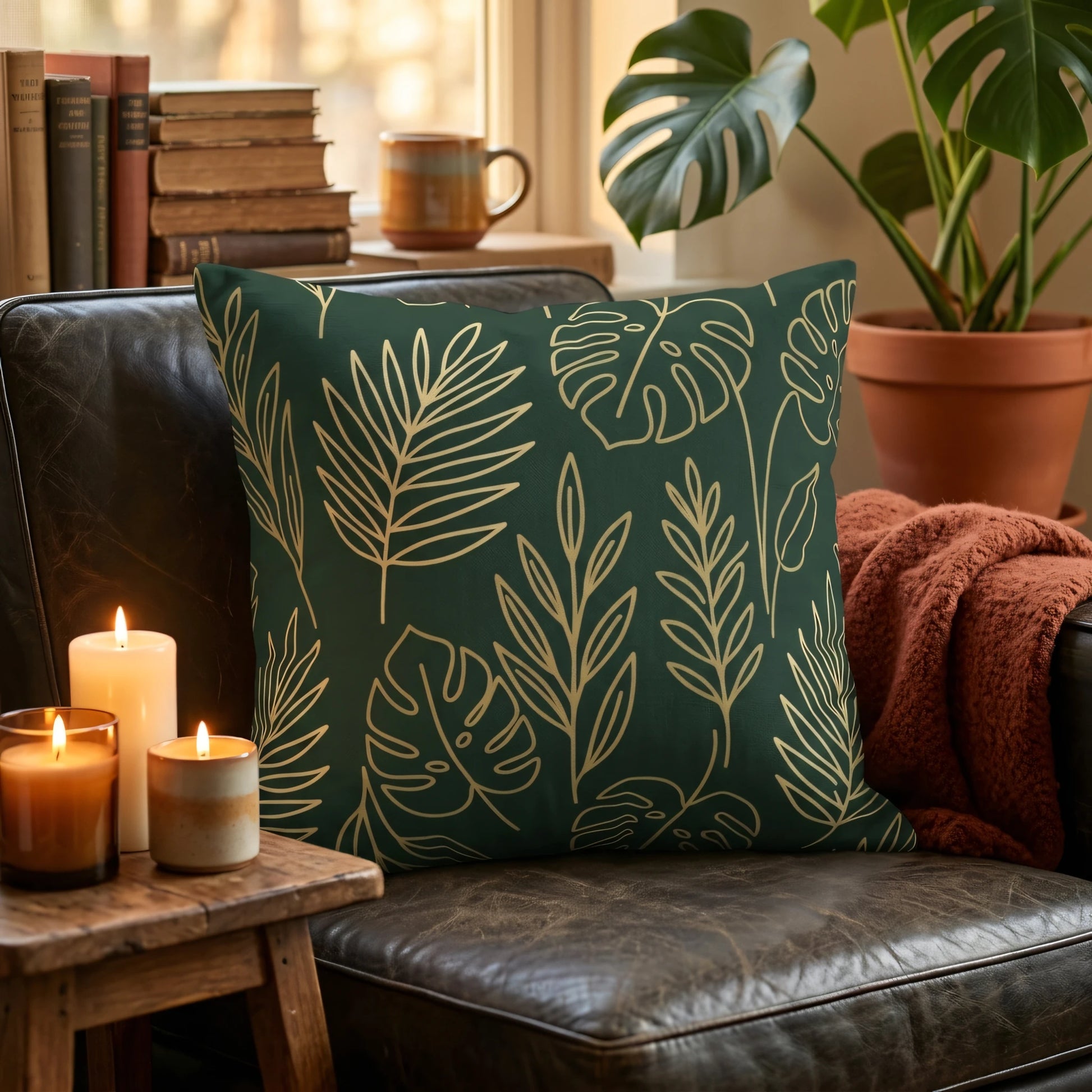 Green decorative cushion with gold leaf patterns on a leather chair, surrounded by warm candles and indoor plants in a cozy setting.
