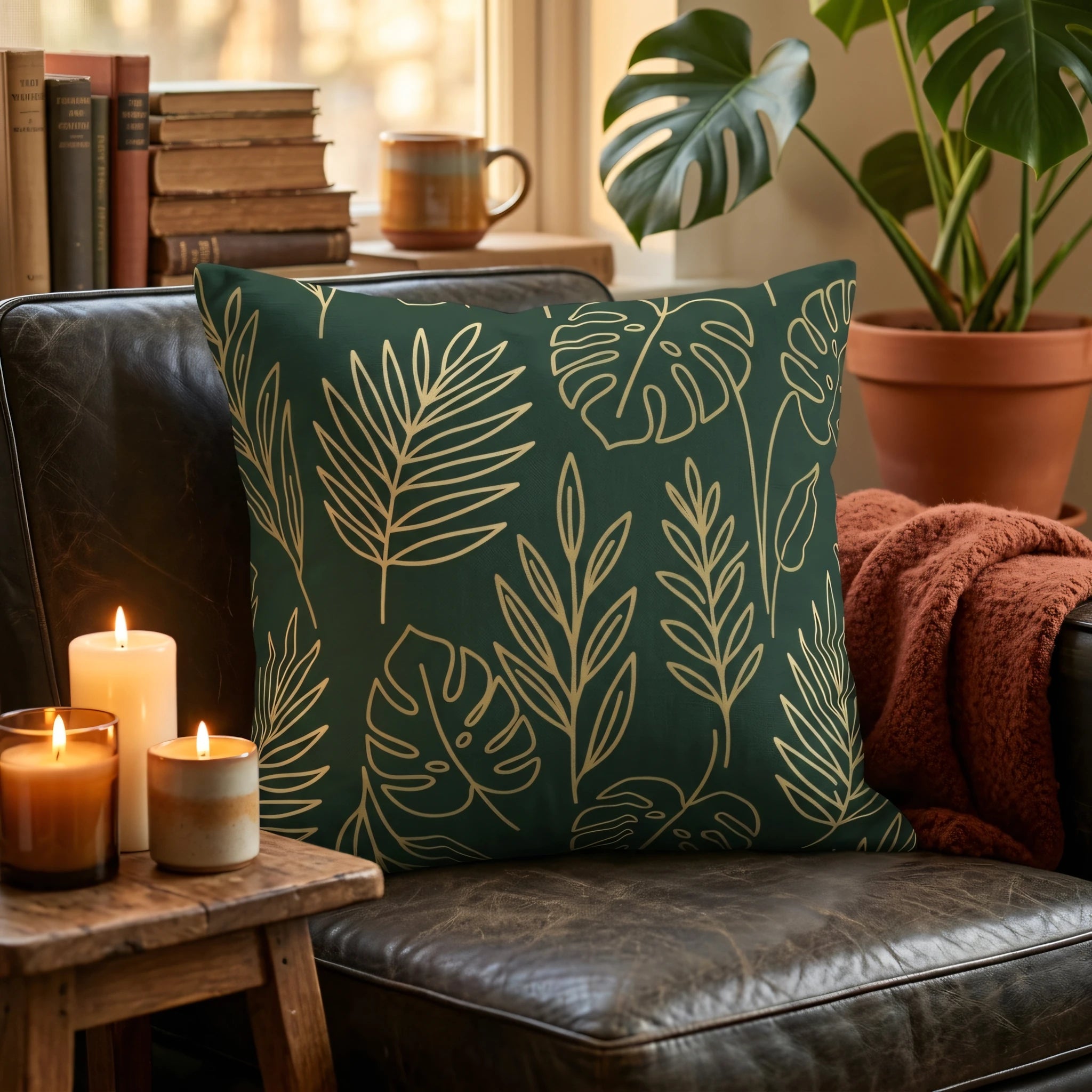 Green decorative cushion with gold leaf patterns on a leather chair, surrounded by warm candles and indoor plants in a cozy setting.