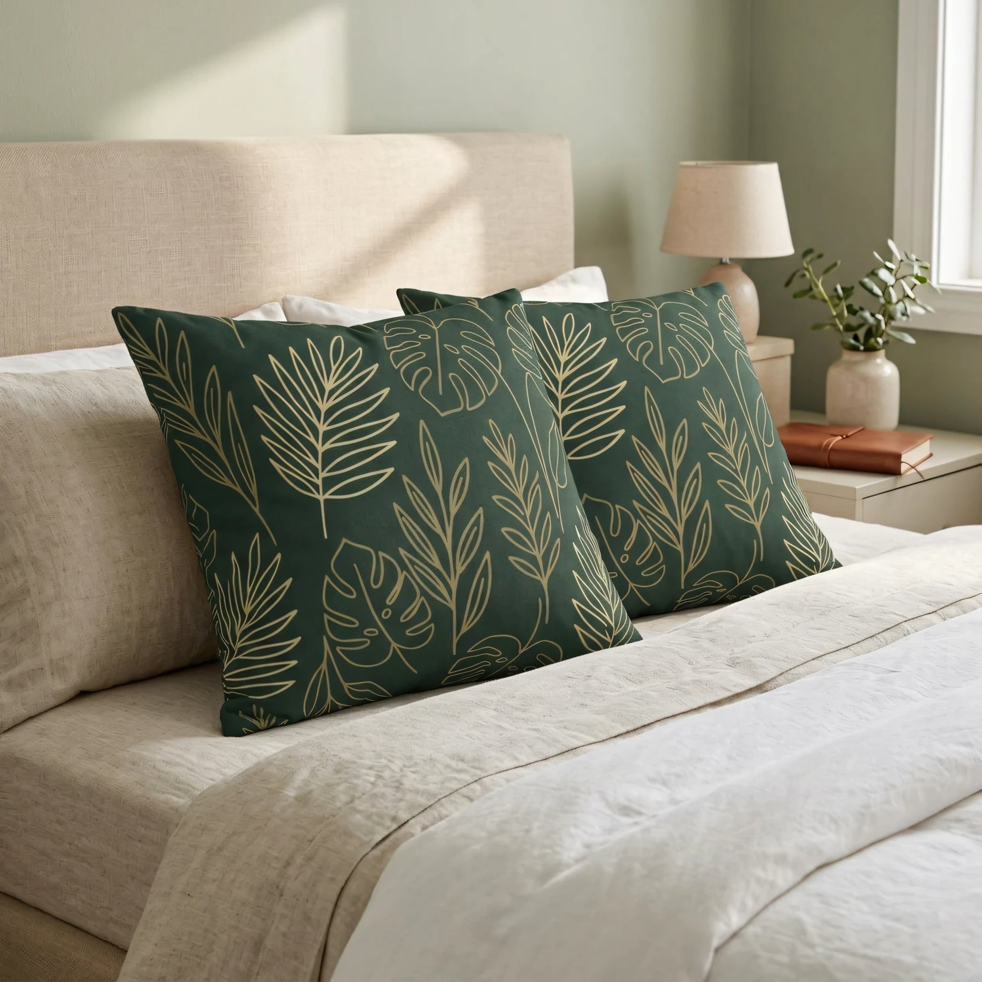 Two dark green pillows featuring gold tropical leaf patterns styled on a beige bed with neutral linens in a bright, modern bedroom setting.