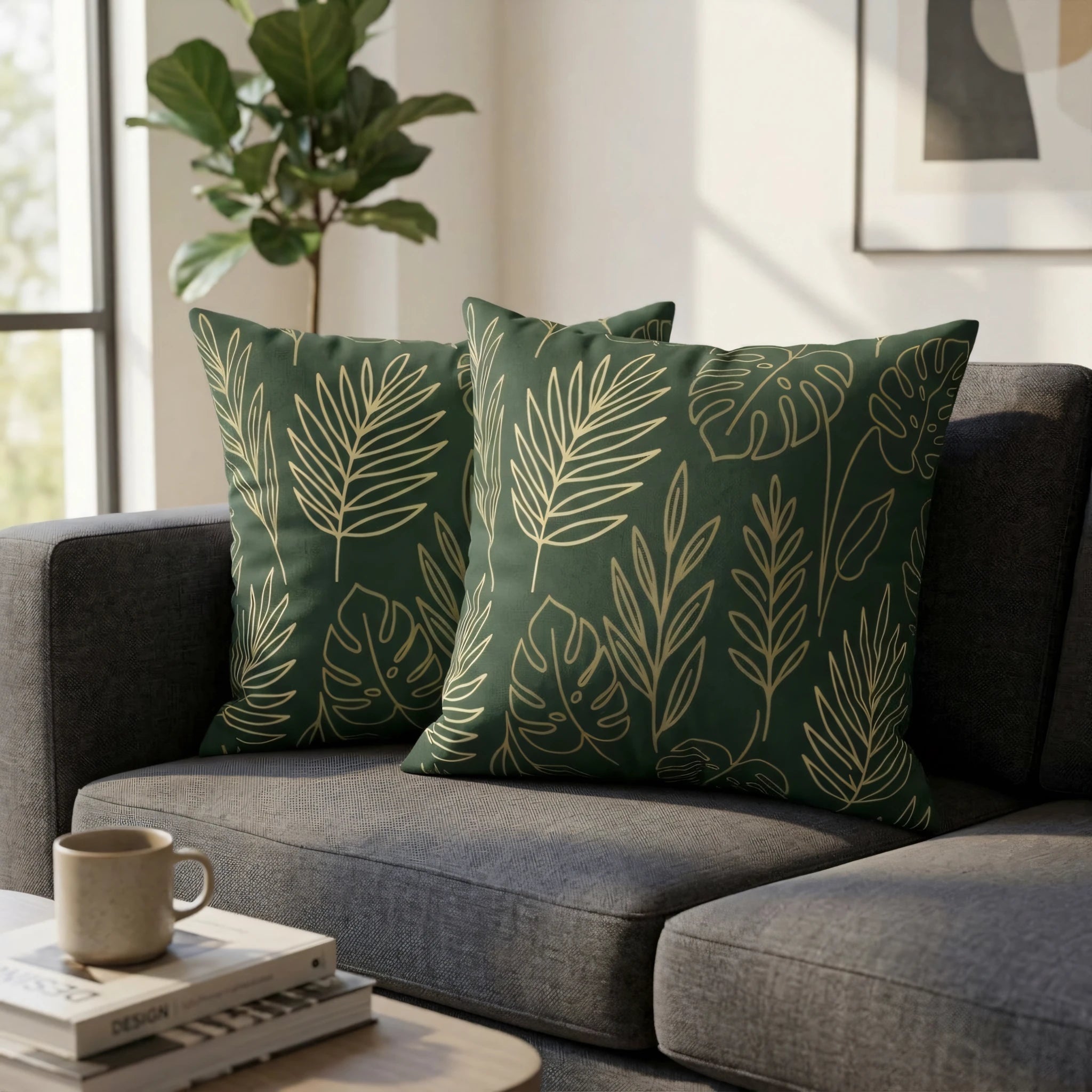 Pair of forest green decorative pillows with gold leaf patterns on a gray sofa in a bright modern living room lifestyle shot.