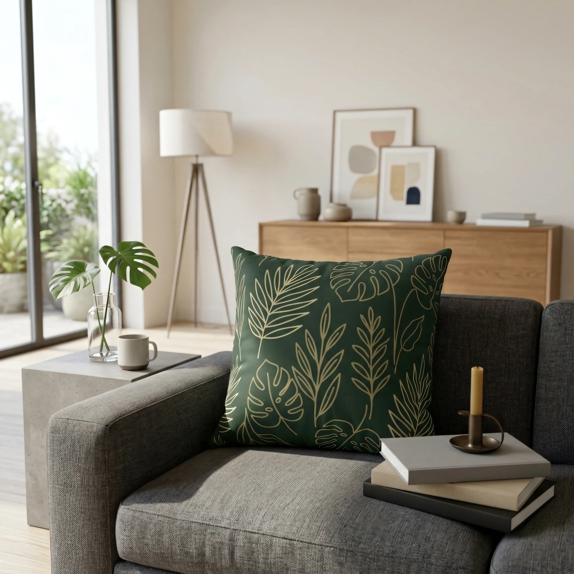 Modern living room featuring a dark green decorative cushion with gold botanical leaf patterns on a grey sofa, styled with plants and decor.