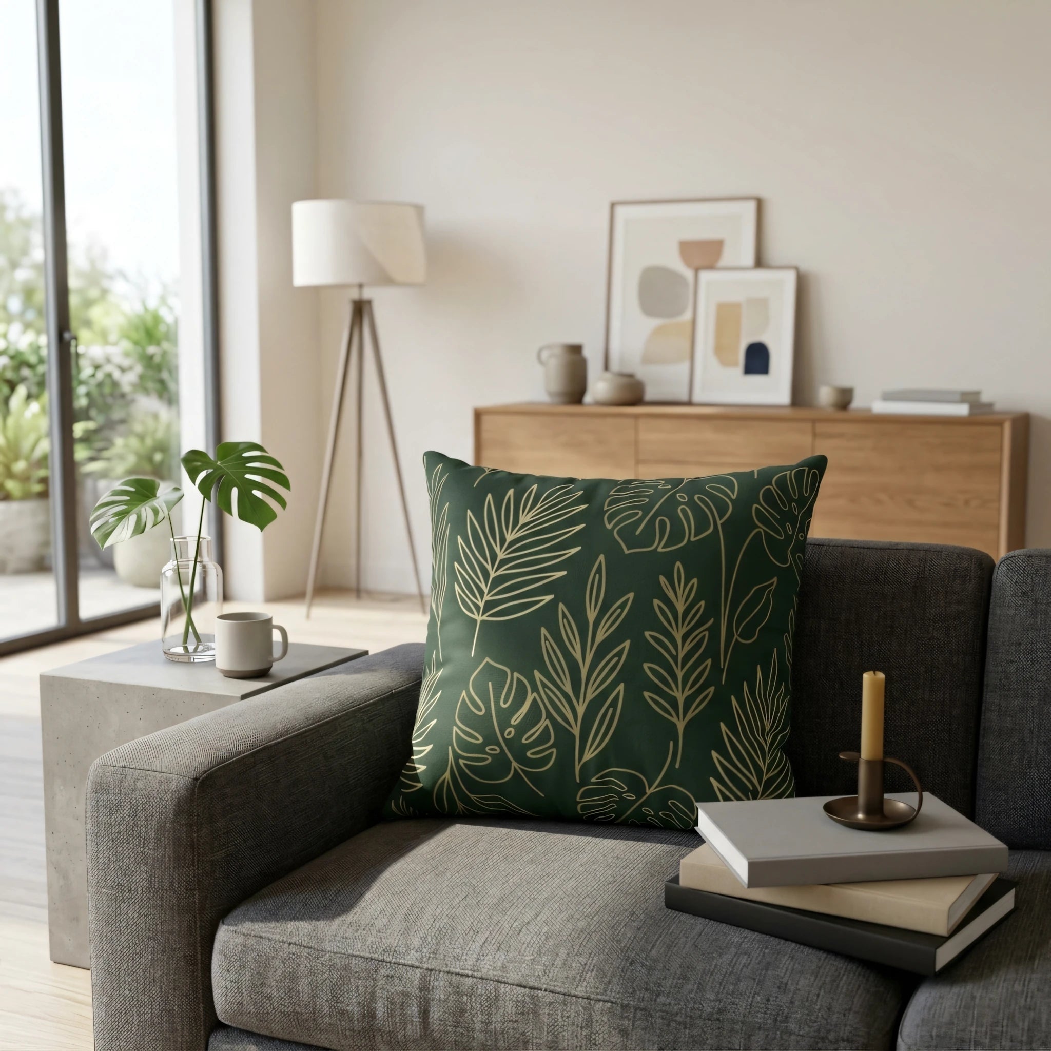 Modern living room featuring a dark green decorative cushion with gold botanical leaf patterns on a grey sofa, styled with plants and decor.