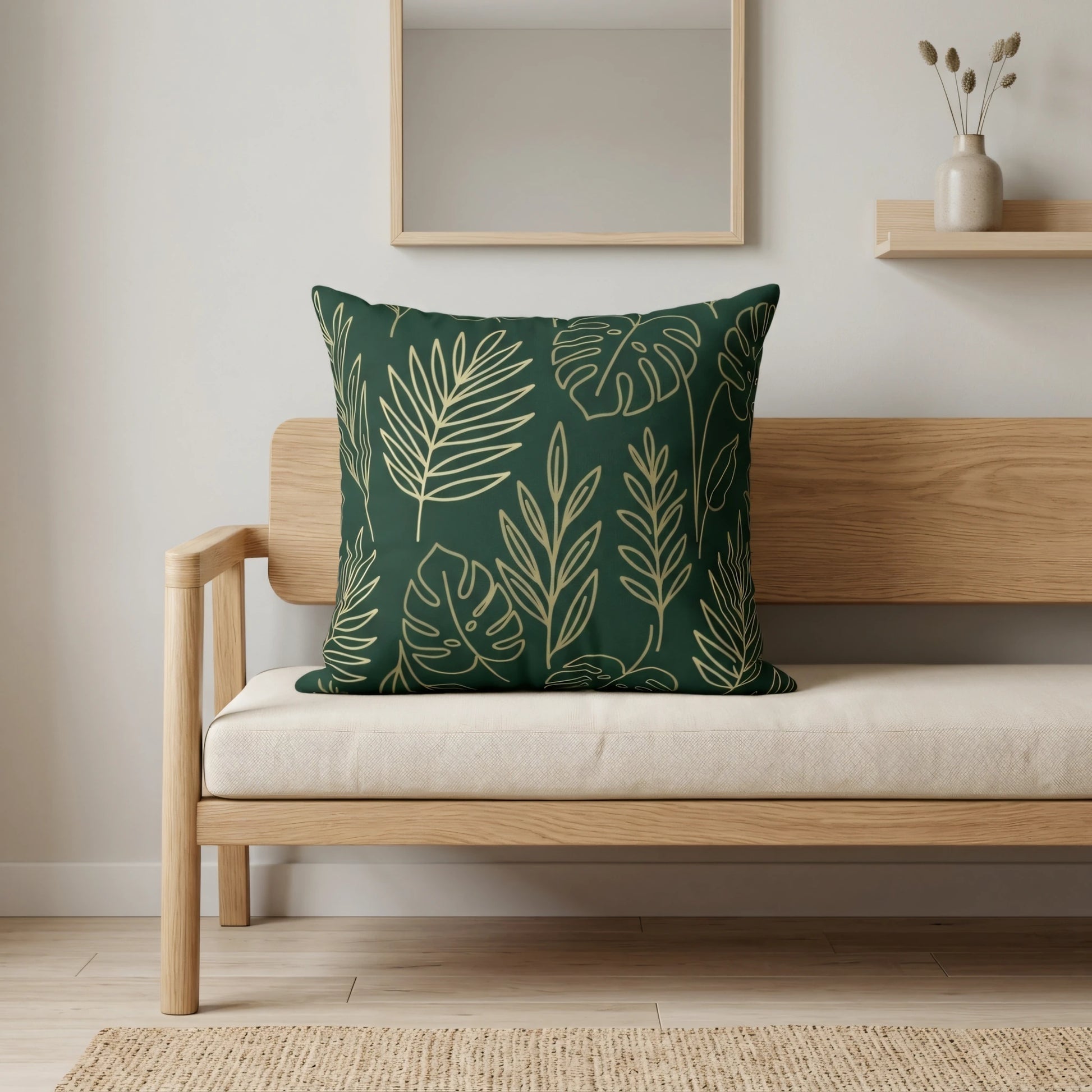 Dark green cushion with gold palm and monstera leaf patterns on a minimalist wooden bench in a modern, light-filled living room.