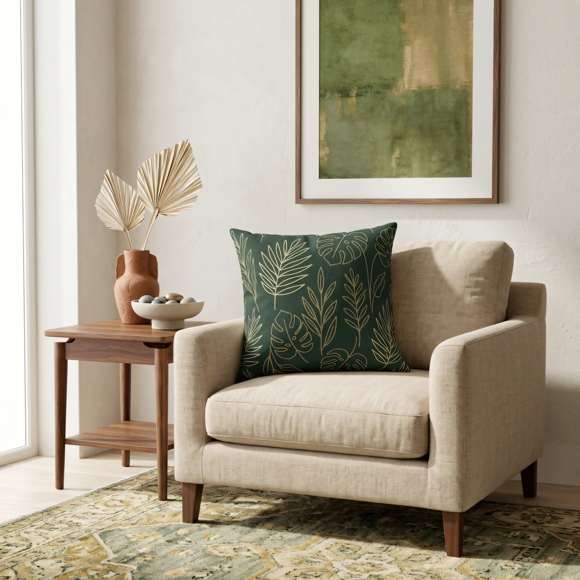 Green botanical leaf pattern throw pillow on a beige armchair in a modern living room setting with a wooden side table and abstract art.