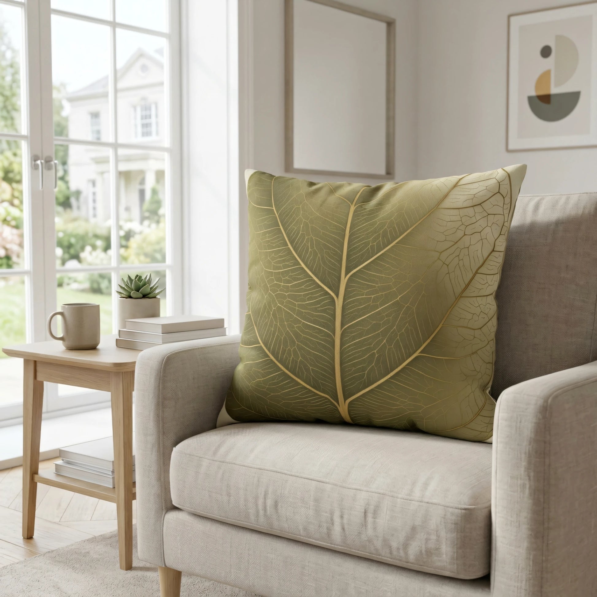 Olive green cushion with a gold leaf pattern on a beige armchair in a bright living room featuring a wooden side table and window view.