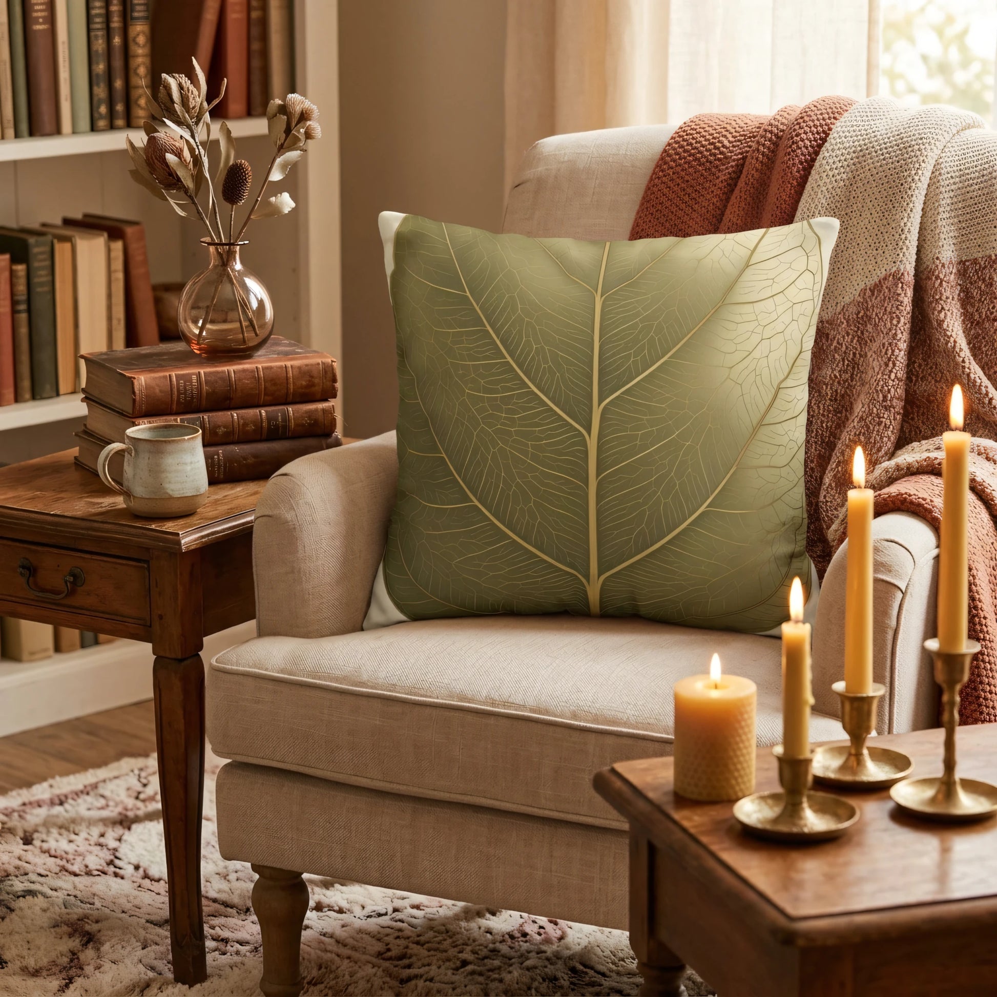 Sage green leaf pattern cushion on a neutral armchair in a cozy living room with lit candles and vintage books on a wooden table.