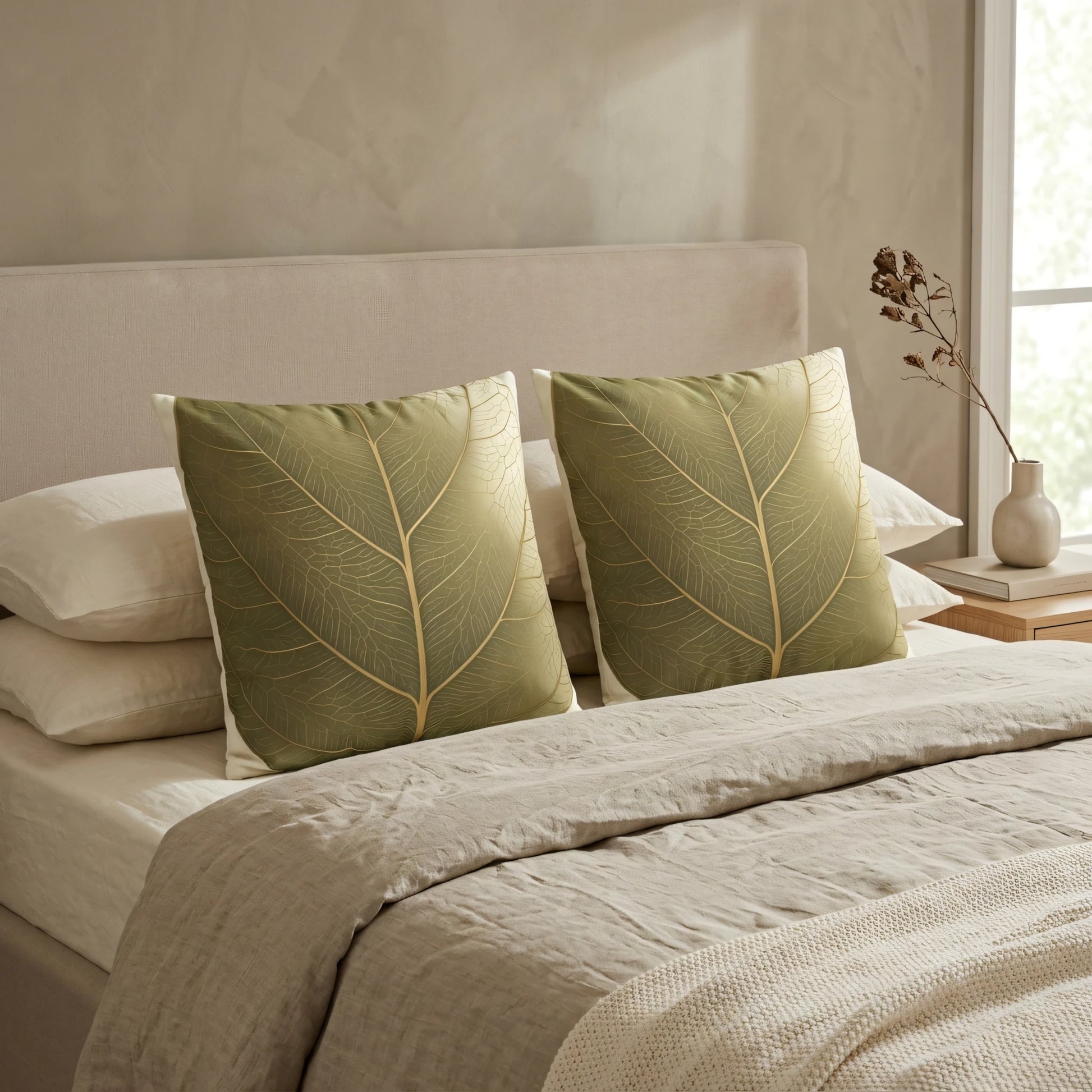 Two cushions with a green and gold leaf design on a beige bed. Lifestyle shot of botanical patterned throw pillows in a modern bedroom setting.