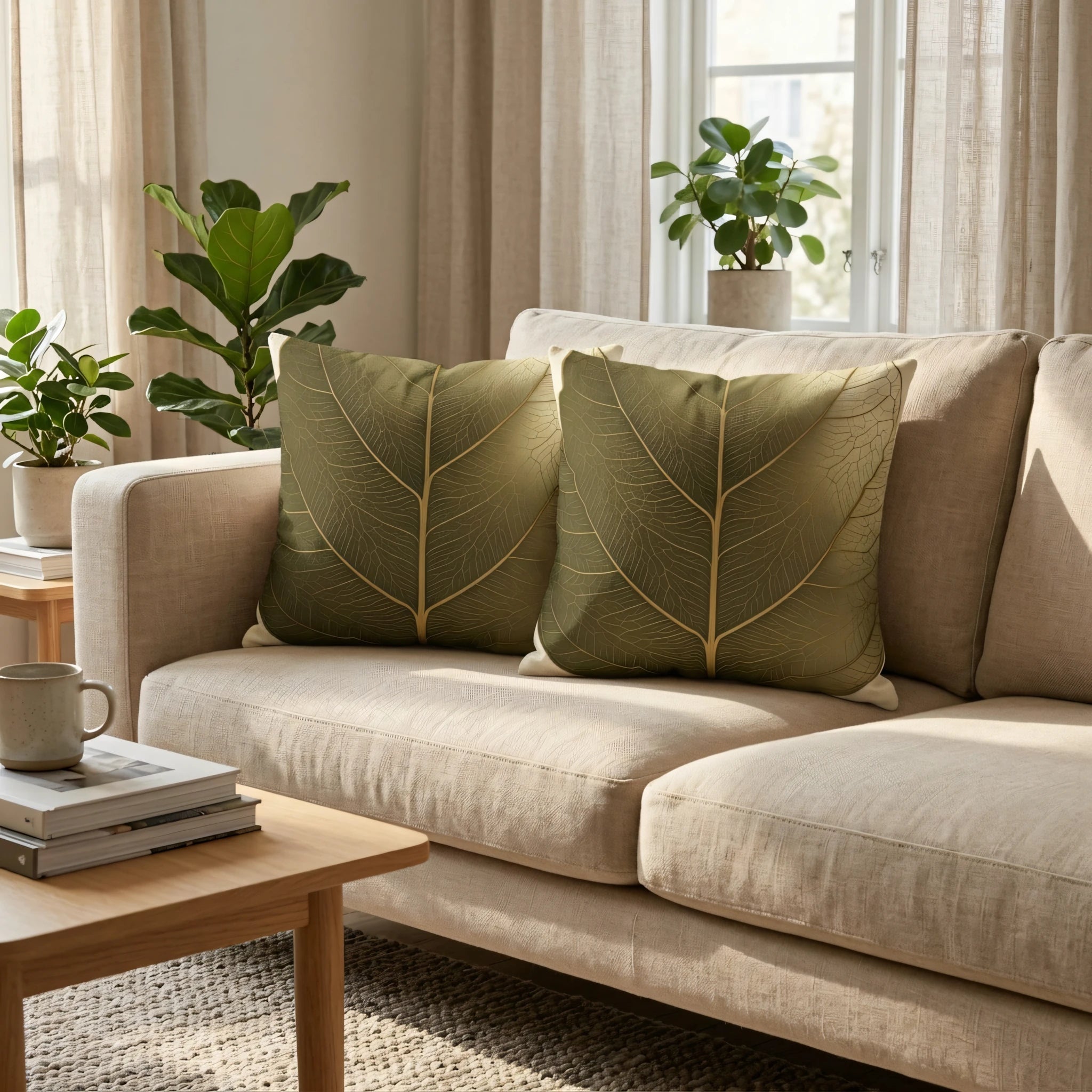 Pair of olive green pillows featuring gold leaf vein designs on a beige sofa in a bright, modern living room with indoor plants.
