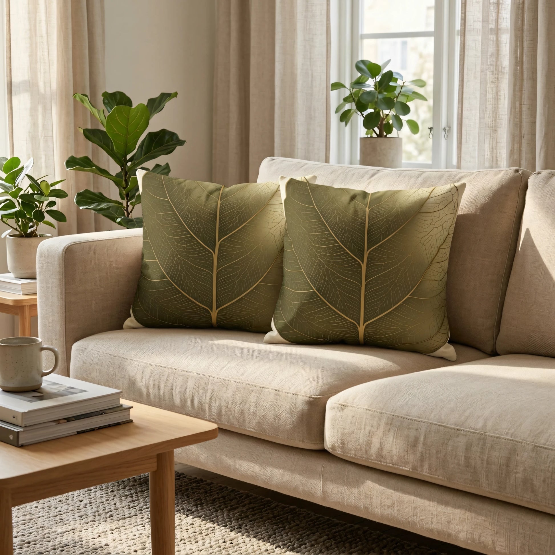 Pair of olive green pillows featuring gold leaf vein designs on a beige sofa in a bright, modern living room with indoor plants.