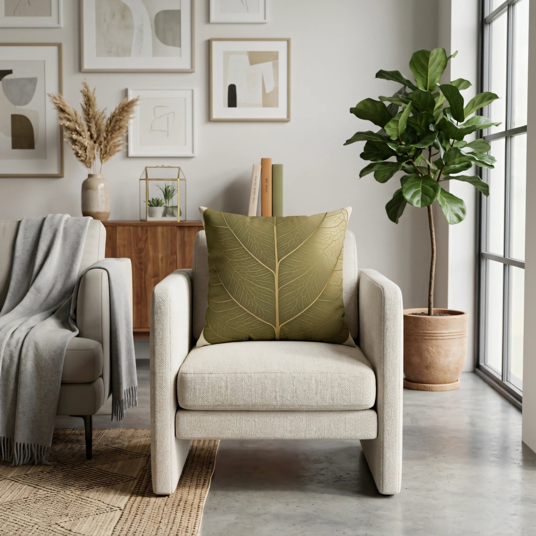 Olive green throw pillow with a gold leaf vein pattern on a cream armchair in a bright, modern minimalist living room lifestyle scene.