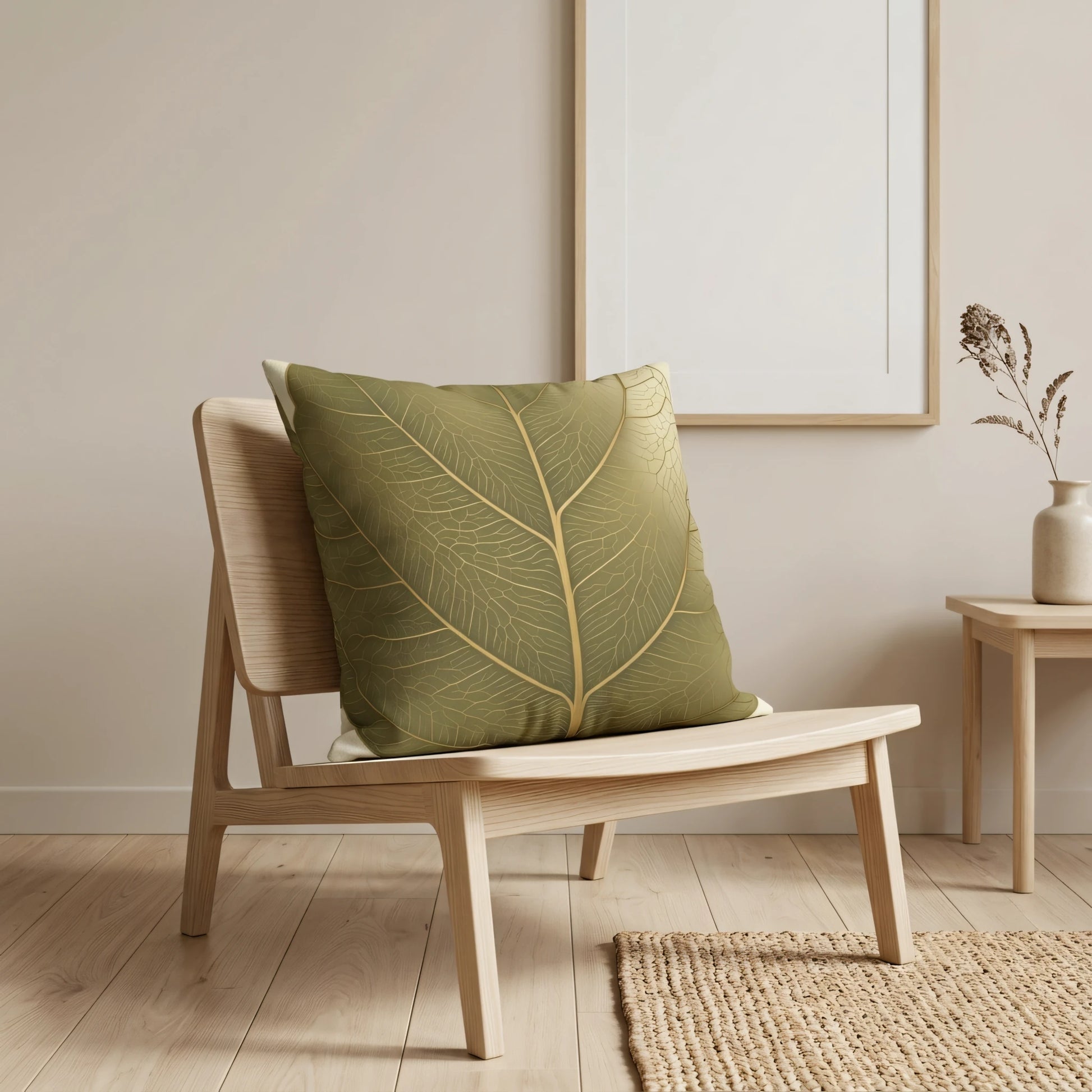 Minimalist interior with a green leaf pattern throw pillow on a light wood lounge chair, featuring gold vein accents and a jute rug.