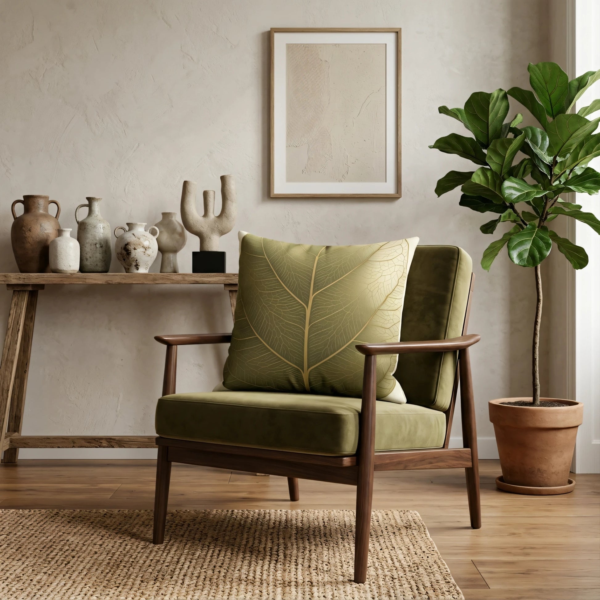 Green leaf pattern pillow on an olive armchair in a minimalist living room with a fiddle leaf fig plant and rustic ceramic vases.