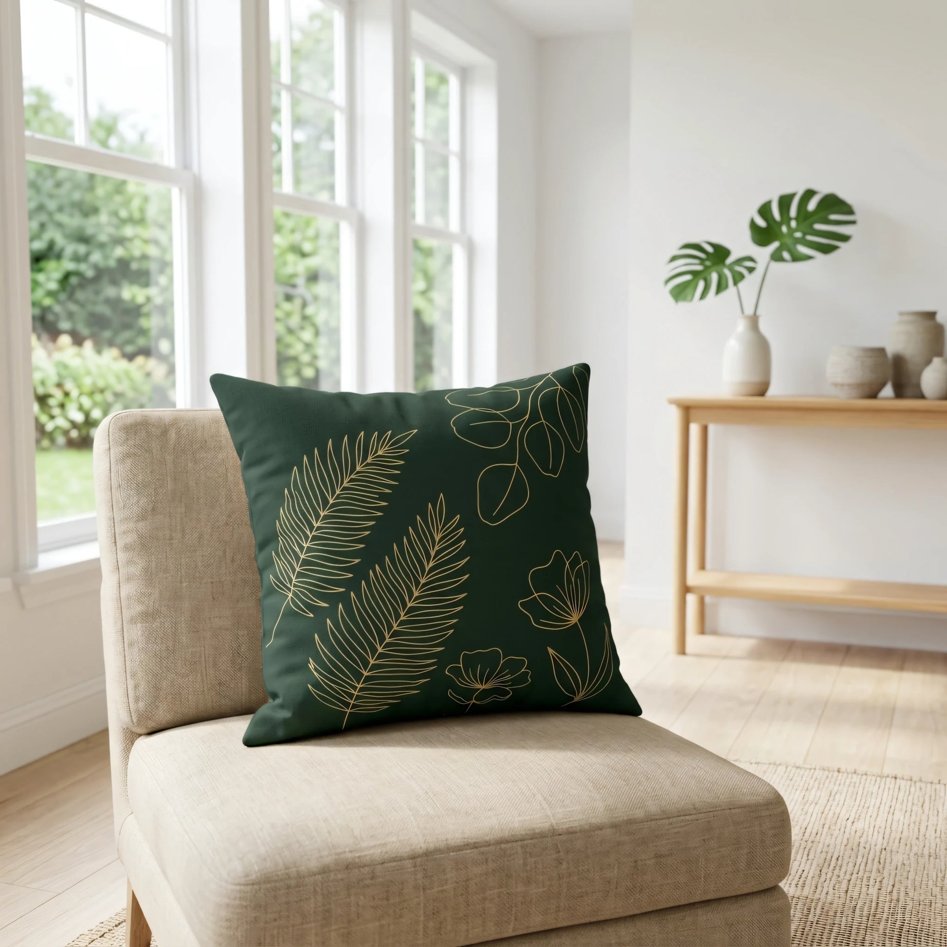 Dark green cushion with gold botanical leaf patterns on a beige chair in a bright living room with large windows and minimalist decor.