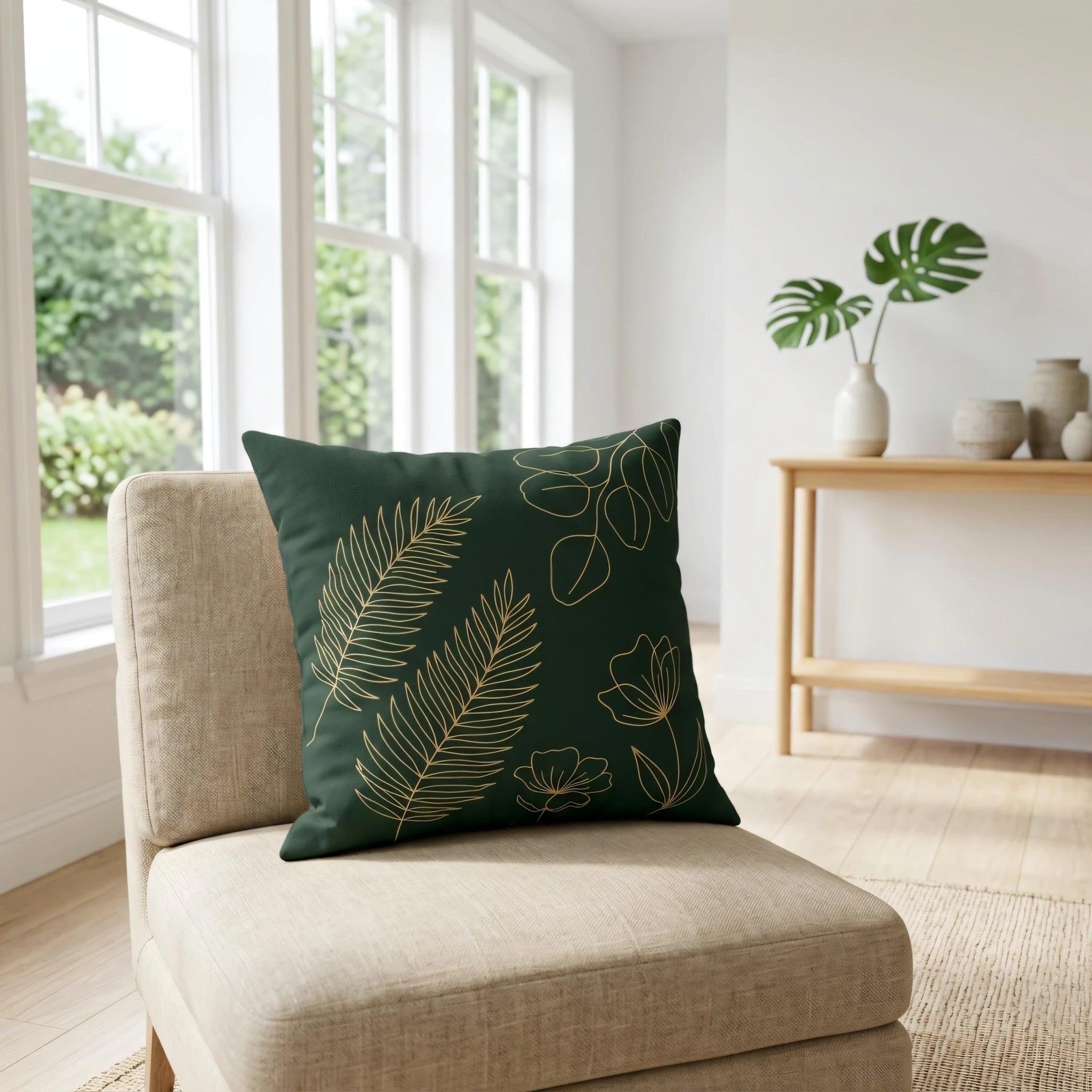 Dark green cushion with gold botanical leaf patterns on a beige chair in a bright living room with large windows and minimalist decor.