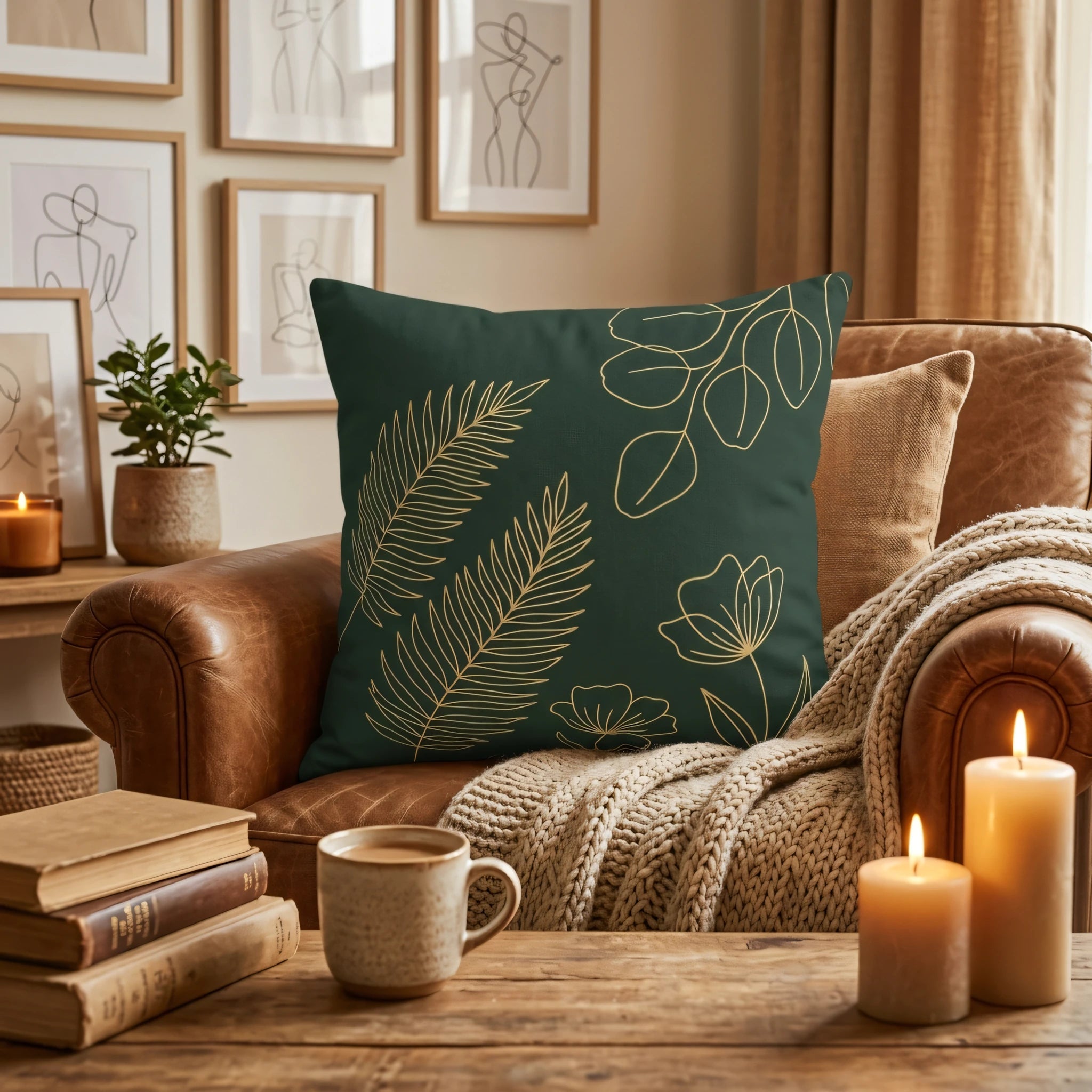 Dark green cushion with gold botanical line art on a leather armchair in a cozy living room with candles and warm home decor.