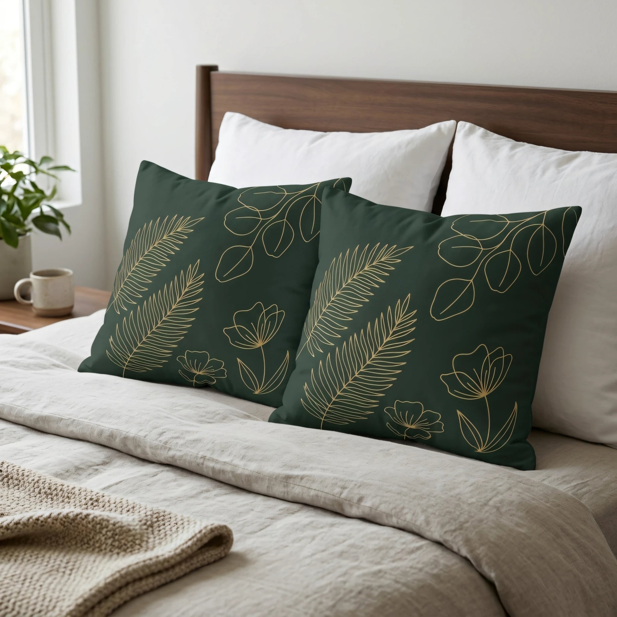 Pair of dark green cushions with gold botanical line art patterns on a minimalist bed with white pillows and a wooden headboard.