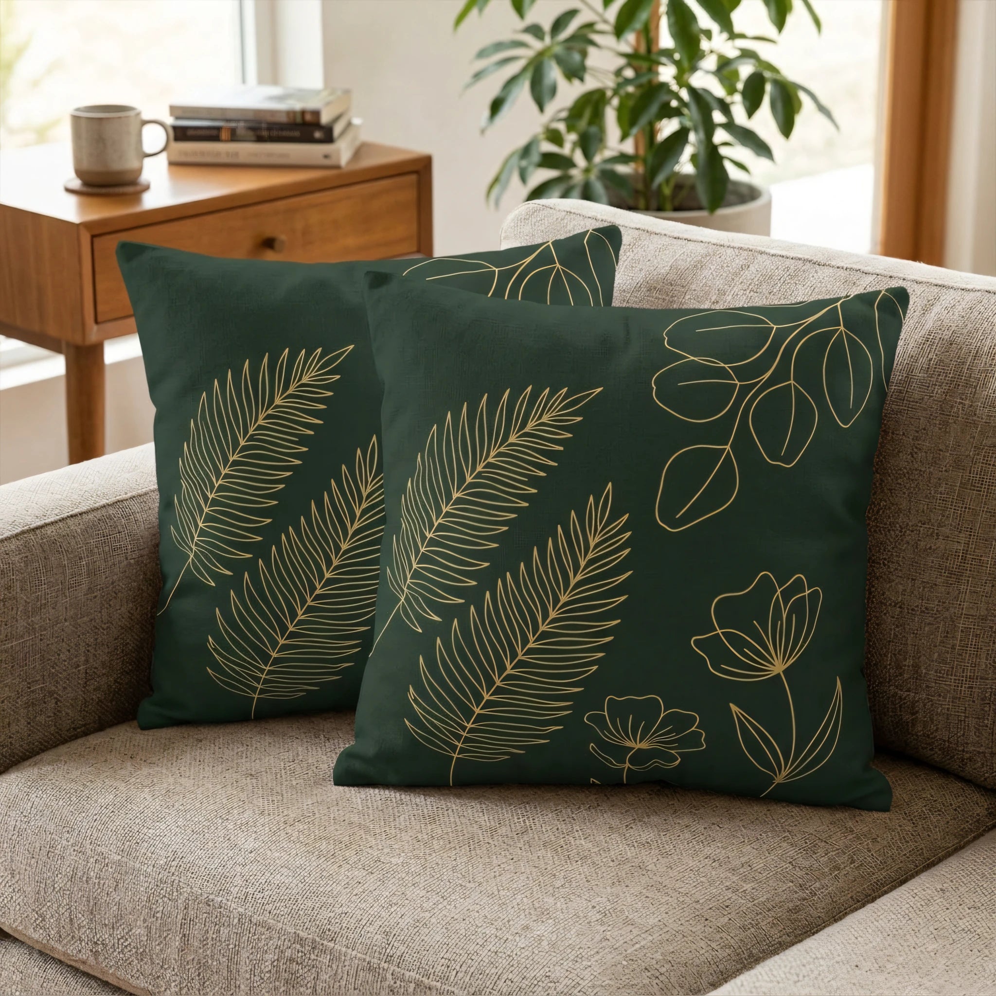 Two forest green throw pillows with gold leaf and floral line art designs displayed on a textured beige sofa in a cozy living room setting.