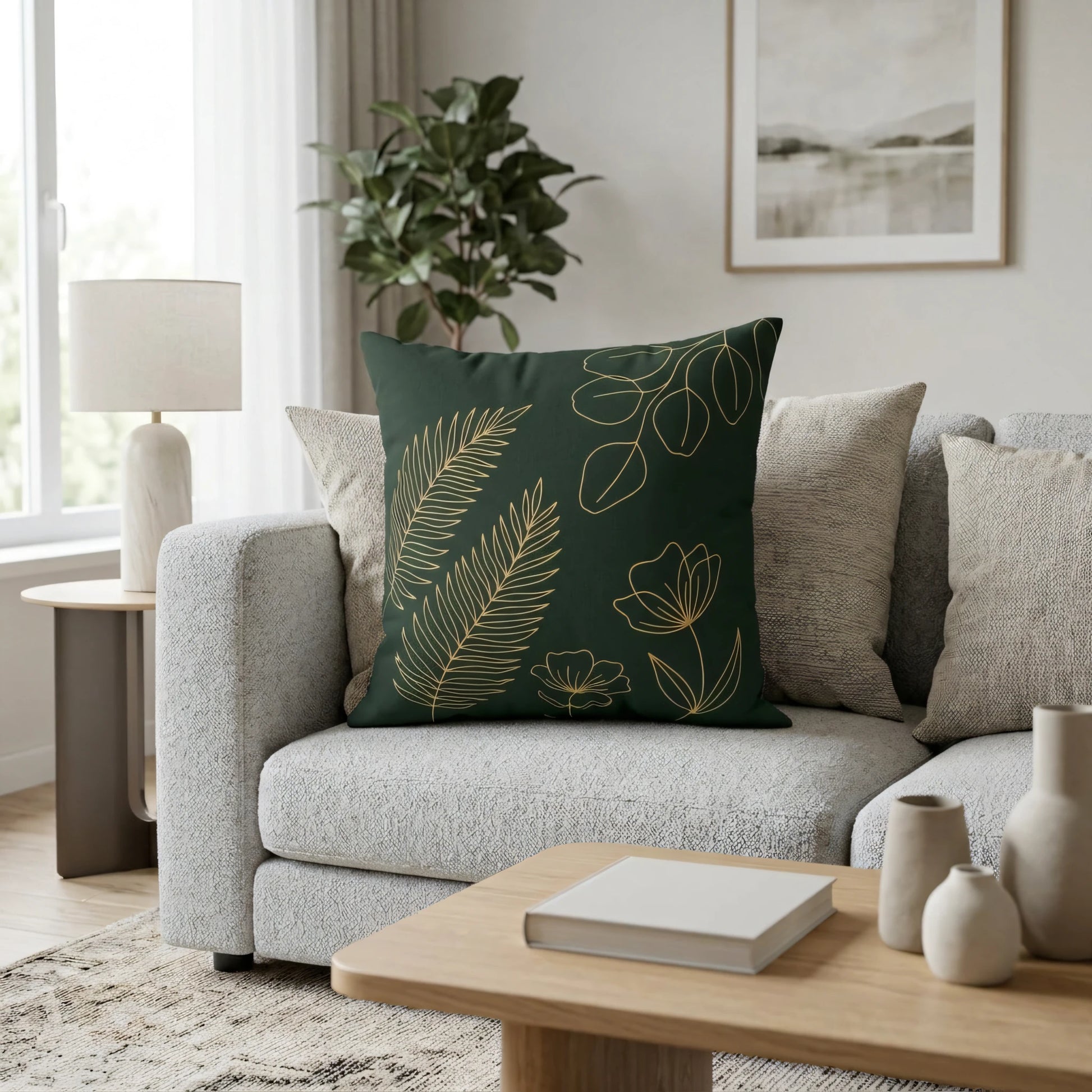Elegant dark green decorative pillow with gold botanical line art on a grey sofa in a modern, light-filled living room setting.
