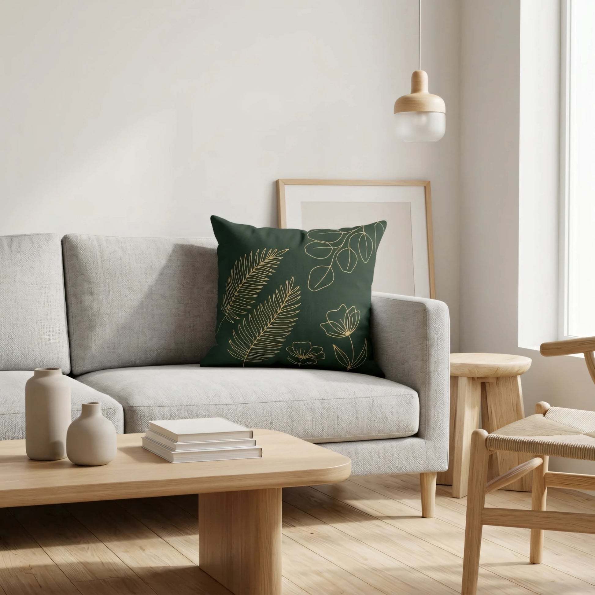 Dark green pillow with gold leaf botanical patterns on a light gray sofa in a bright minimalist living room setting.