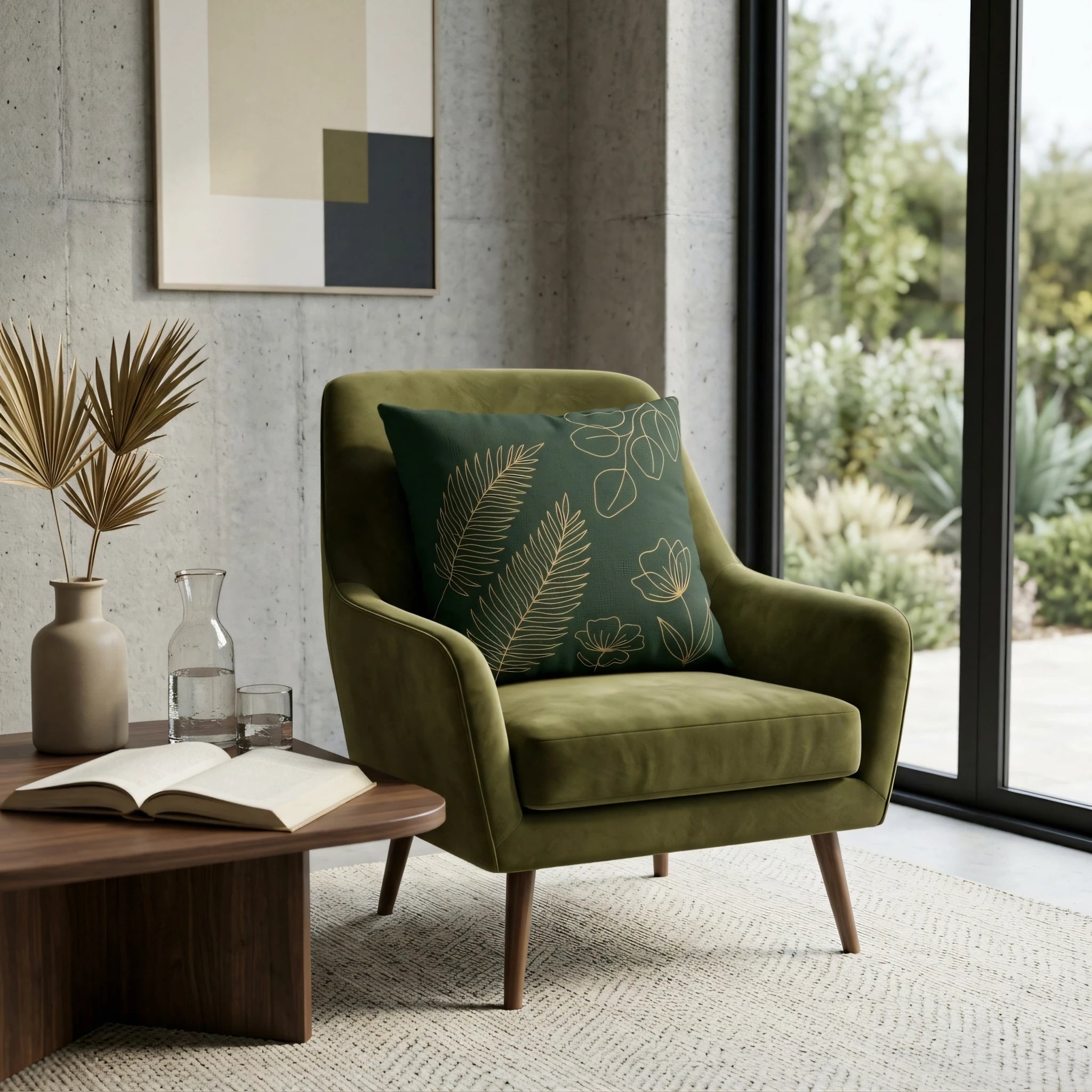 Dark green cushion with gold botanical leaf patterns on an olive green armchair in a modern minimalist living room lifestyle scene.