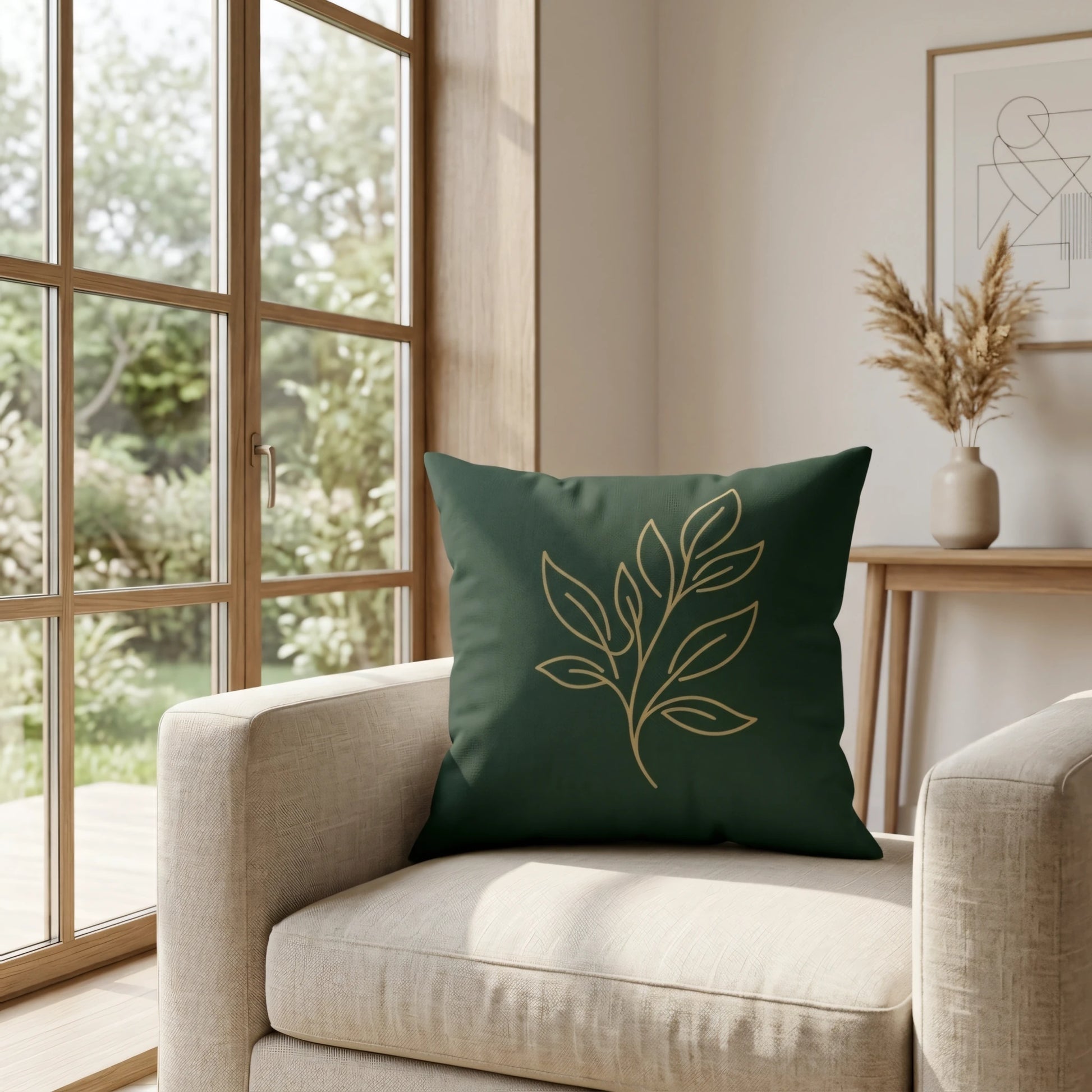 Minimalist green throw pillow with a golden leaf design on a beige armchair in a bright living room with large windows and natural light.