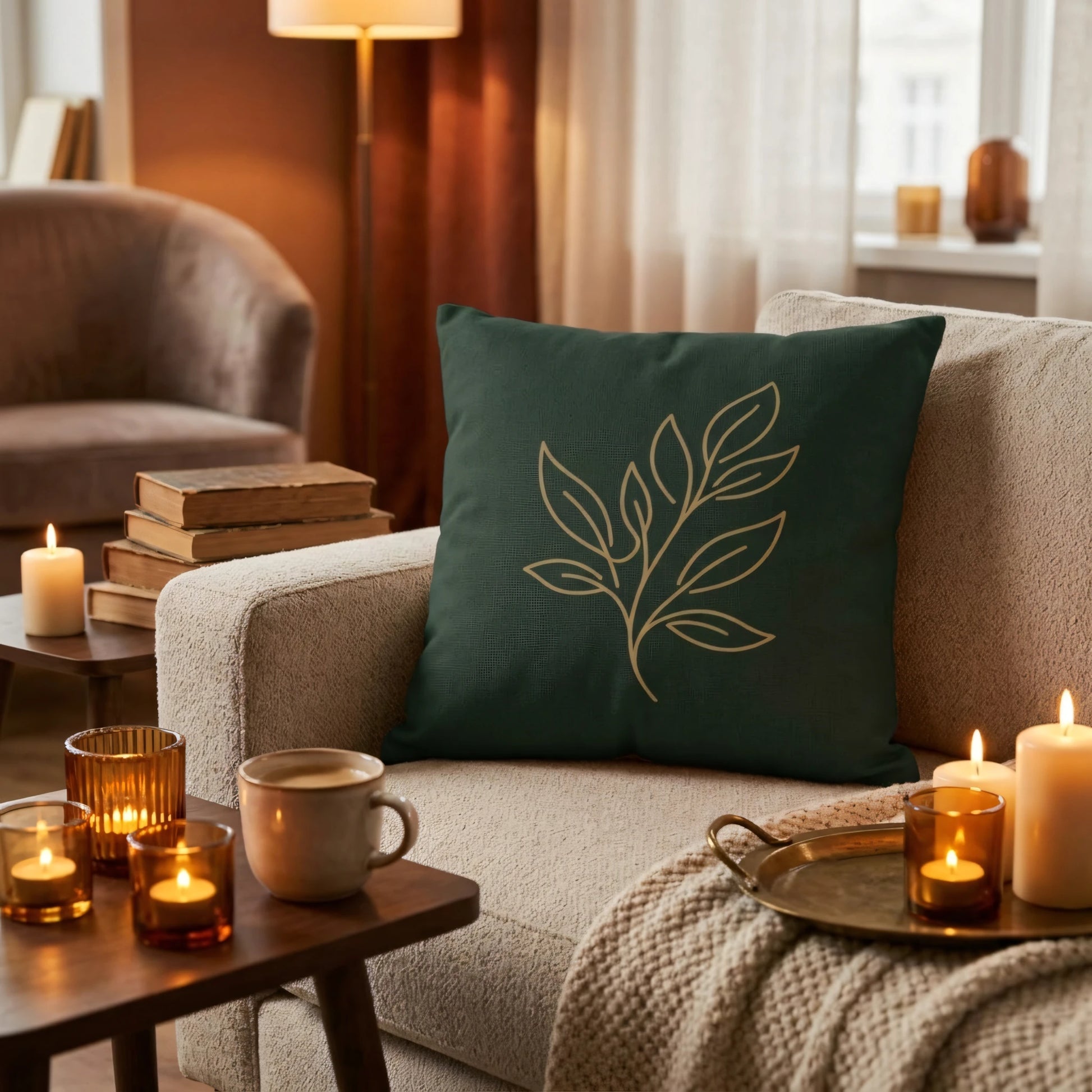 Dark green decorative cushion with a gold leaf branch design on a cream armchair in a cozy, candle-lit living room setting.