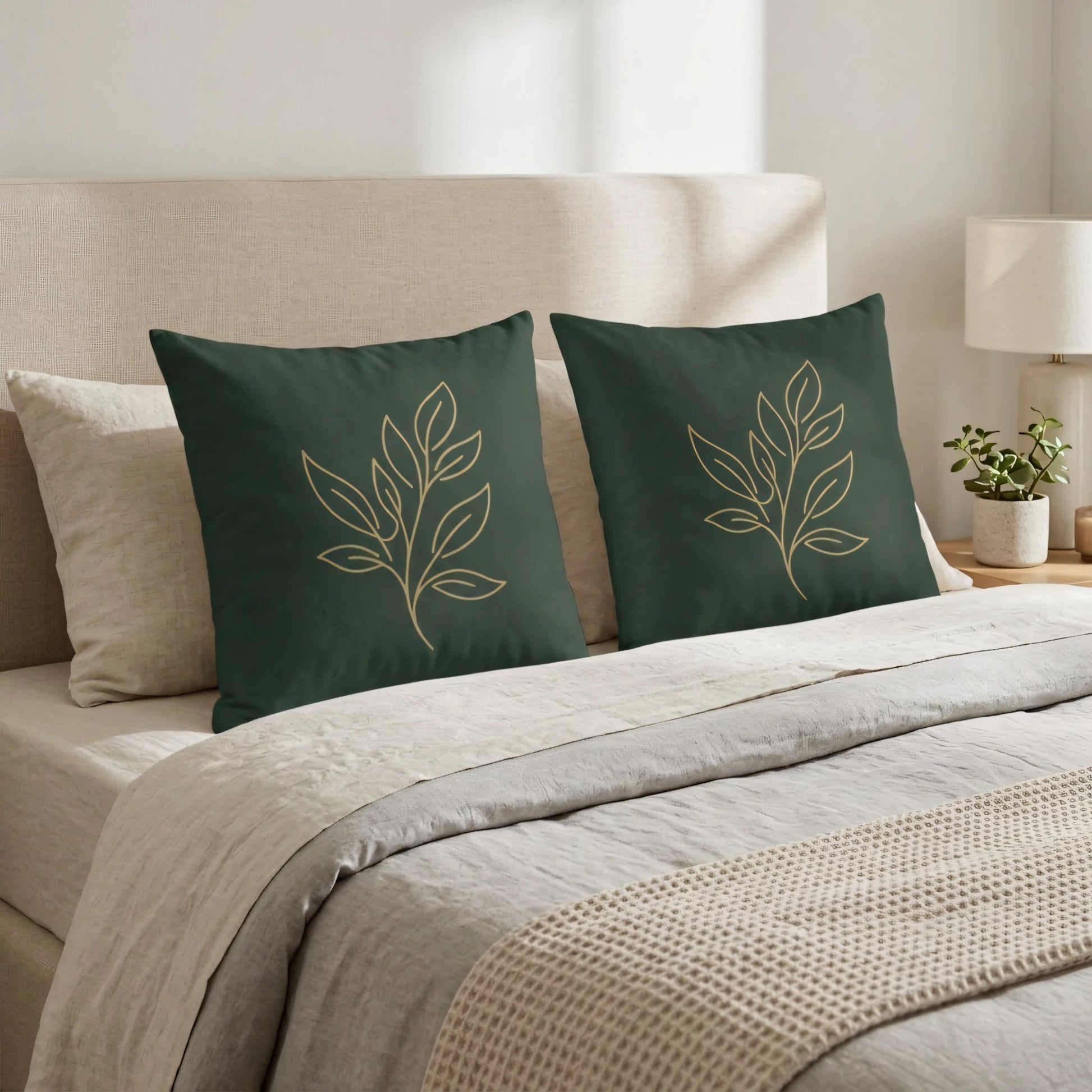 Duo of forest green cushions featuring gold leaf art on a cozy beige bed. Elegant bedroom lifestyle shot with minimalist decorative pillows.