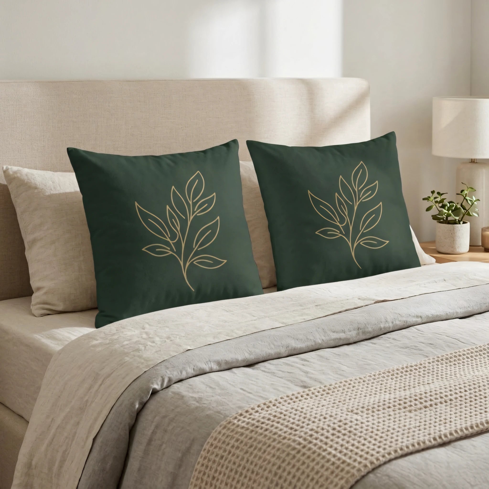 Duo of forest green cushions featuring gold leaf art on a cozy beige bed. Elegant bedroom lifestyle shot with minimalist decorative pillows.