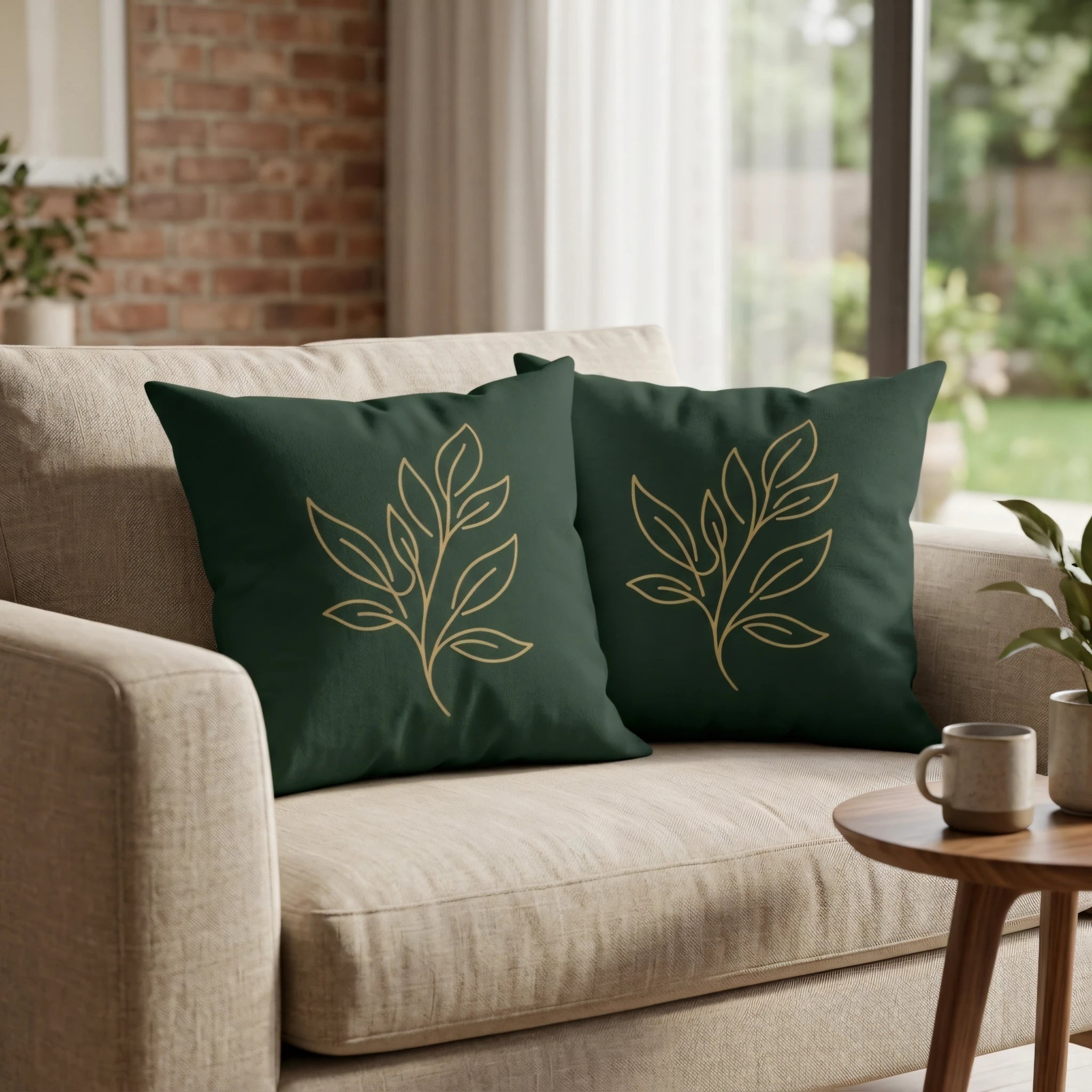 Two dark green decorative pillows with gold botanical leaf designs on a beige sofa in a bright, modern living room lifestyle setting.