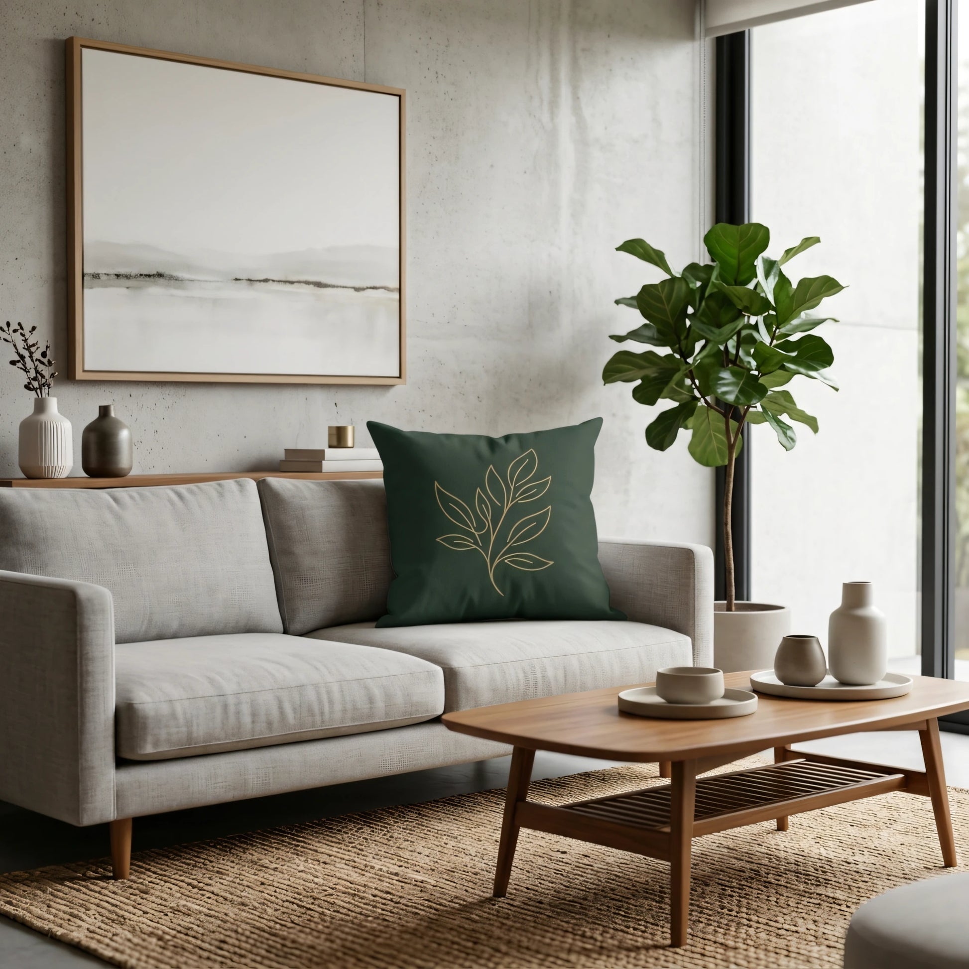 Dark green cushion with a gold leaf design on a gray sofa in a modern living room with wooden furniture, a jute rug, and a large potted plant.