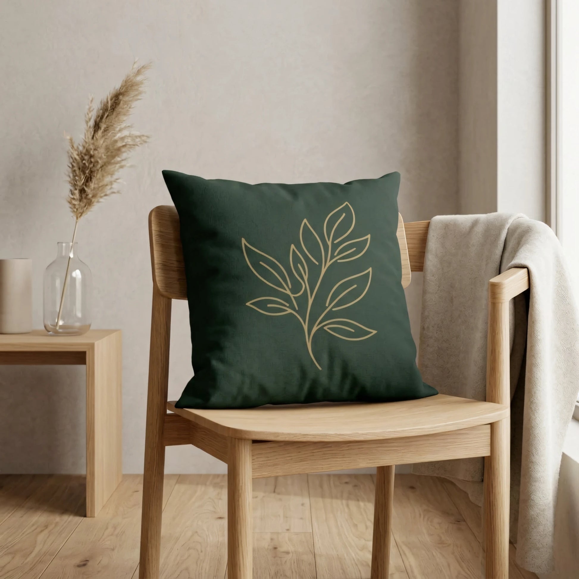 Forest green throw pillow featuring gold leaf line art on a wooden chair in a bright, minimalist interior lifestyle setting.