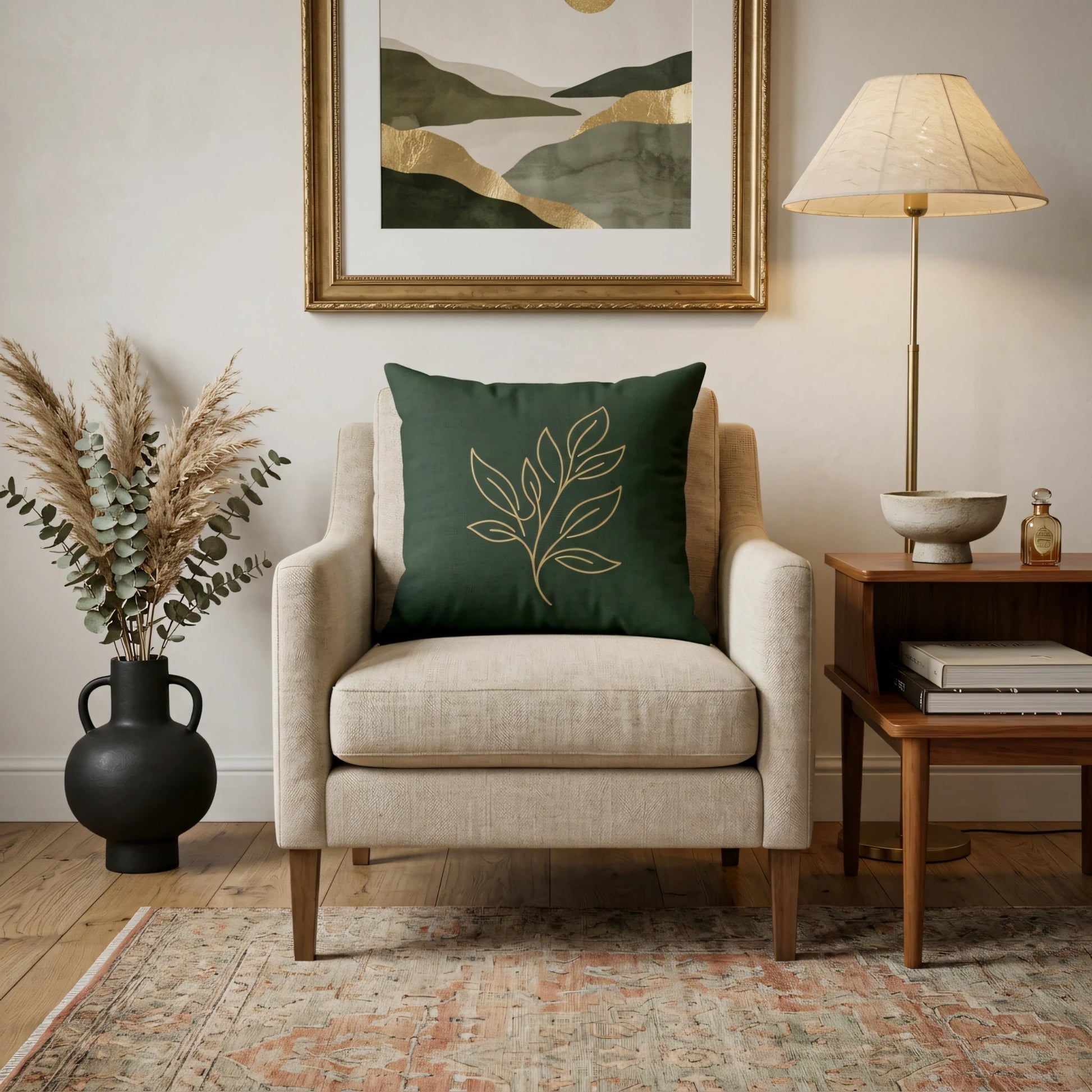 Dark green throw pillow with gold leaf design on a beige armchair in a cozy living room with abstract wall art and natural home decor accents.
