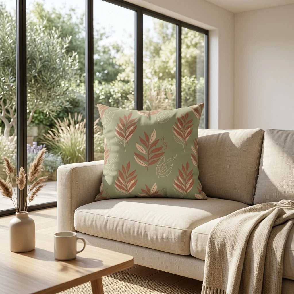 Botanical throw pillow with terracotta leaf pattern on a beige sofa in a bright, modern living room setting with garden views.