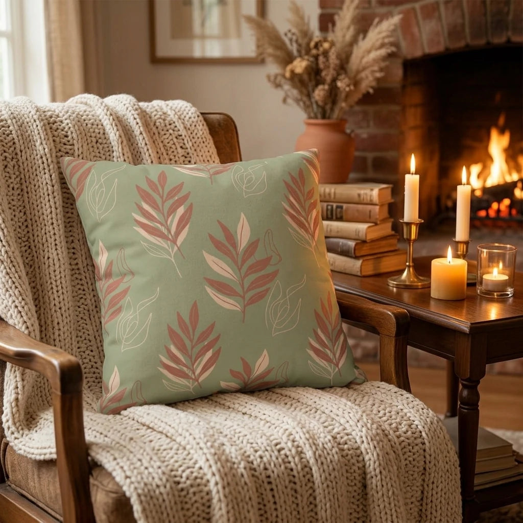 Sage green botanical leaf pattern cushion on a cozy armchair with a knit blanket next to a fireplace and glowing candles.