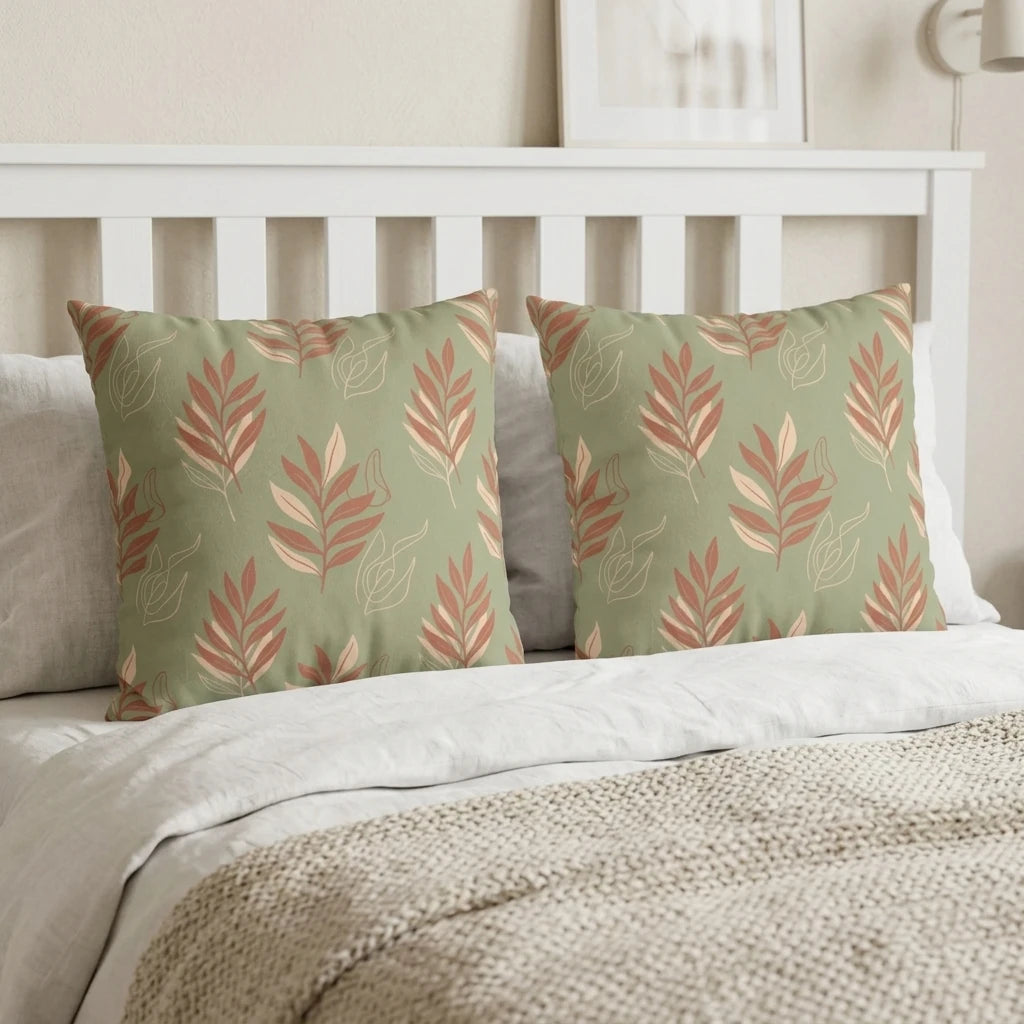 Pair of sage green pillows with a terracotta botanical leaf pattern on a white bed, featuring a cozy knit throw and white wooden headboard.