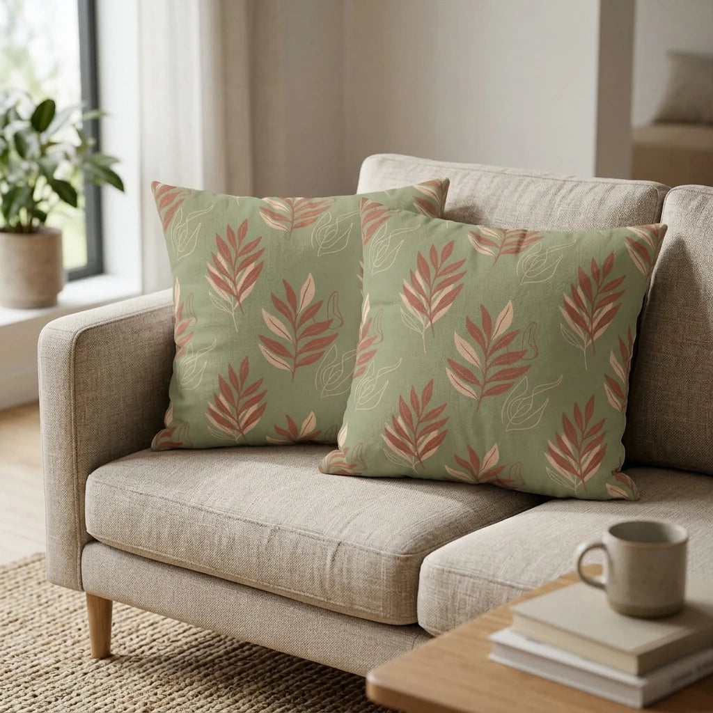 Set of two sage green decorative cushions with terracotta leaf patterns on a beige sofa in a modern, sunlit living room setting.