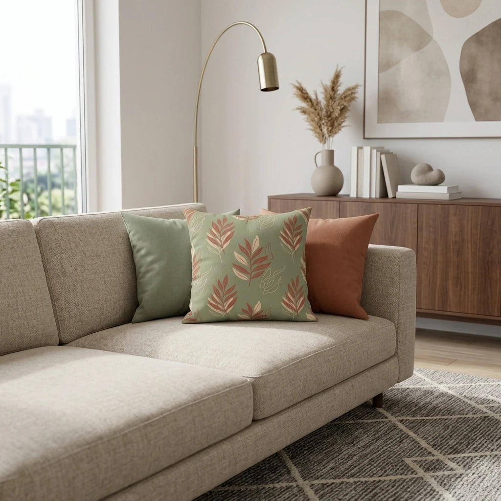 Sage green cushion with terracotta leaf patterns on a beige sofa in a modern minimalist living room setting with warm earthy tones.