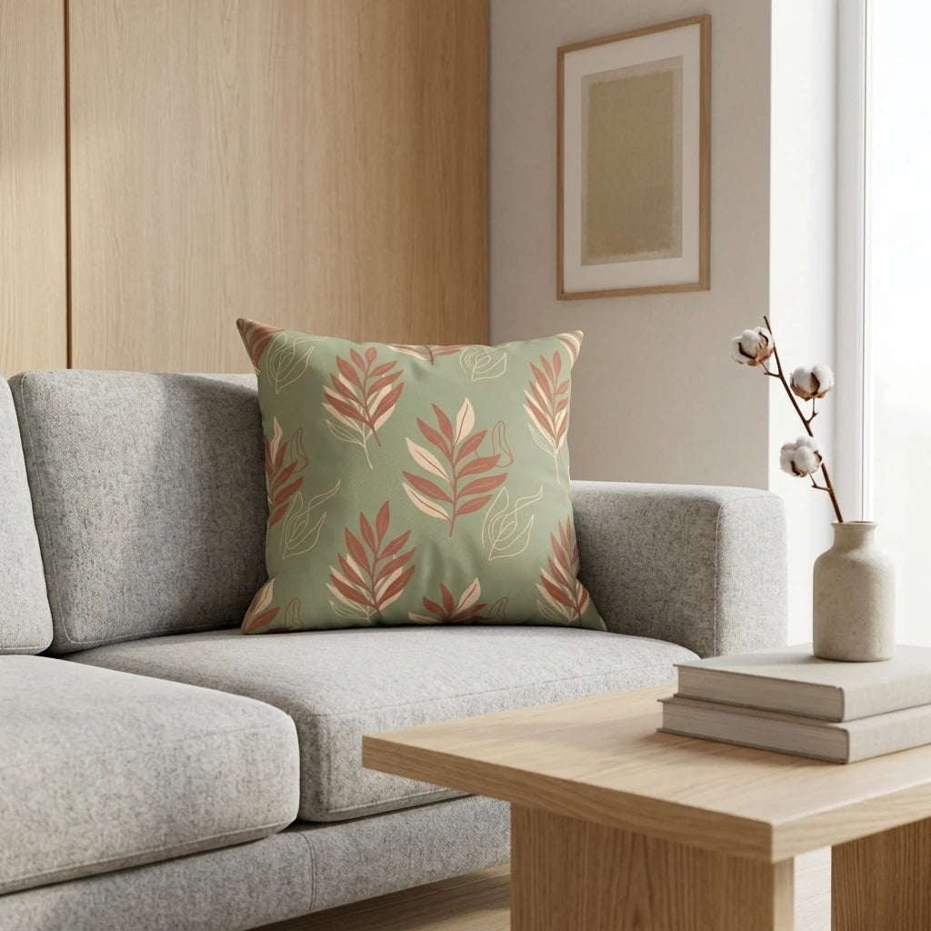 Terracotta leaf pattern throw pillow on a sage green background, styled on a grey sofa in a minimalist interior with a wooden coffee table.