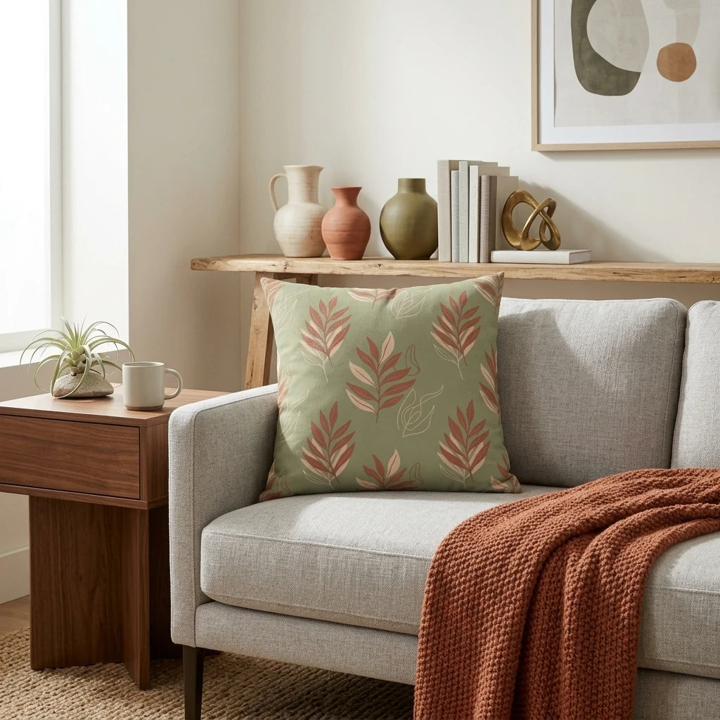 Sage green throw pillow with terracotta leaf patterns on a grey sofa in a cozy living room with wooden furniture and an orange throw blanket.