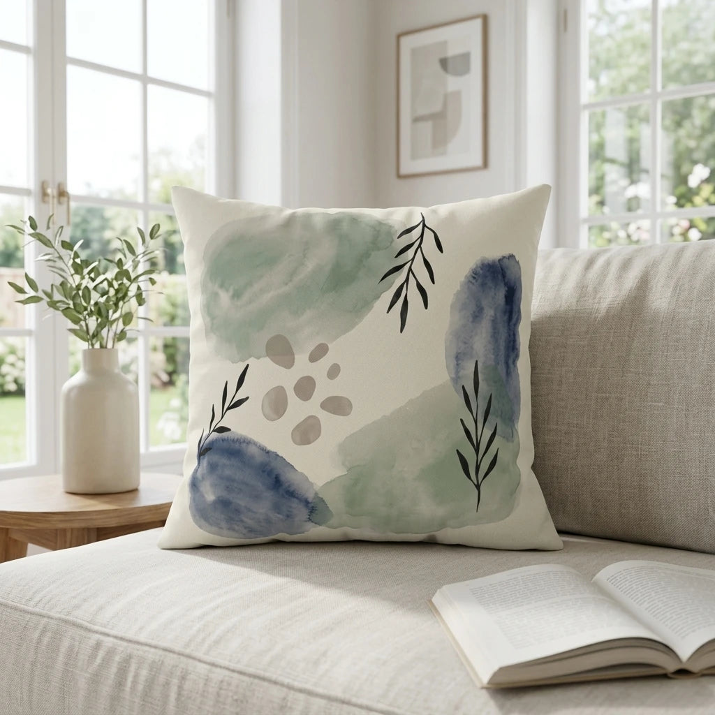Abstract watercolor cushion with green and blue botanical patterns on a light beige sofa in a bright, sunlit modern living room.