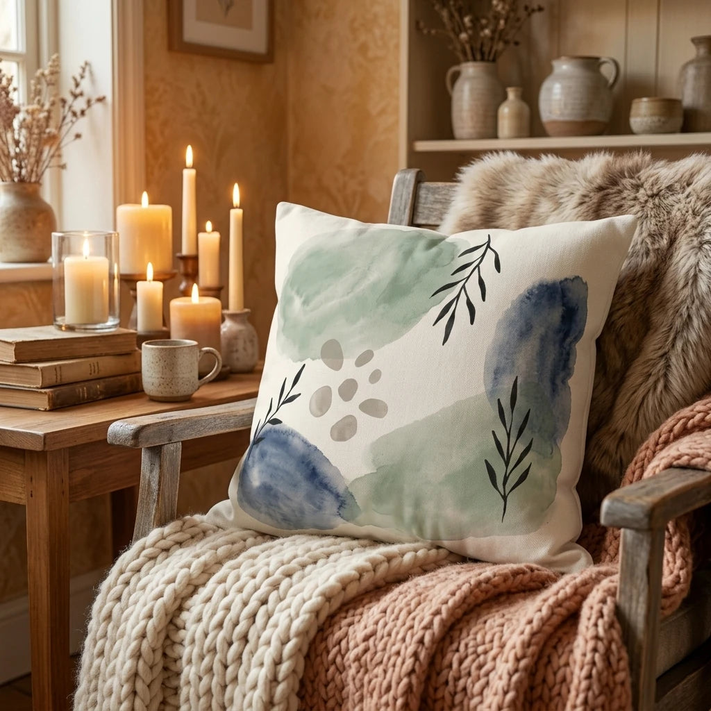 Abstract watercolor cushion with green and blue organic shapes on a wooden chair with cozy knitted blankets and candles in a warm interior.