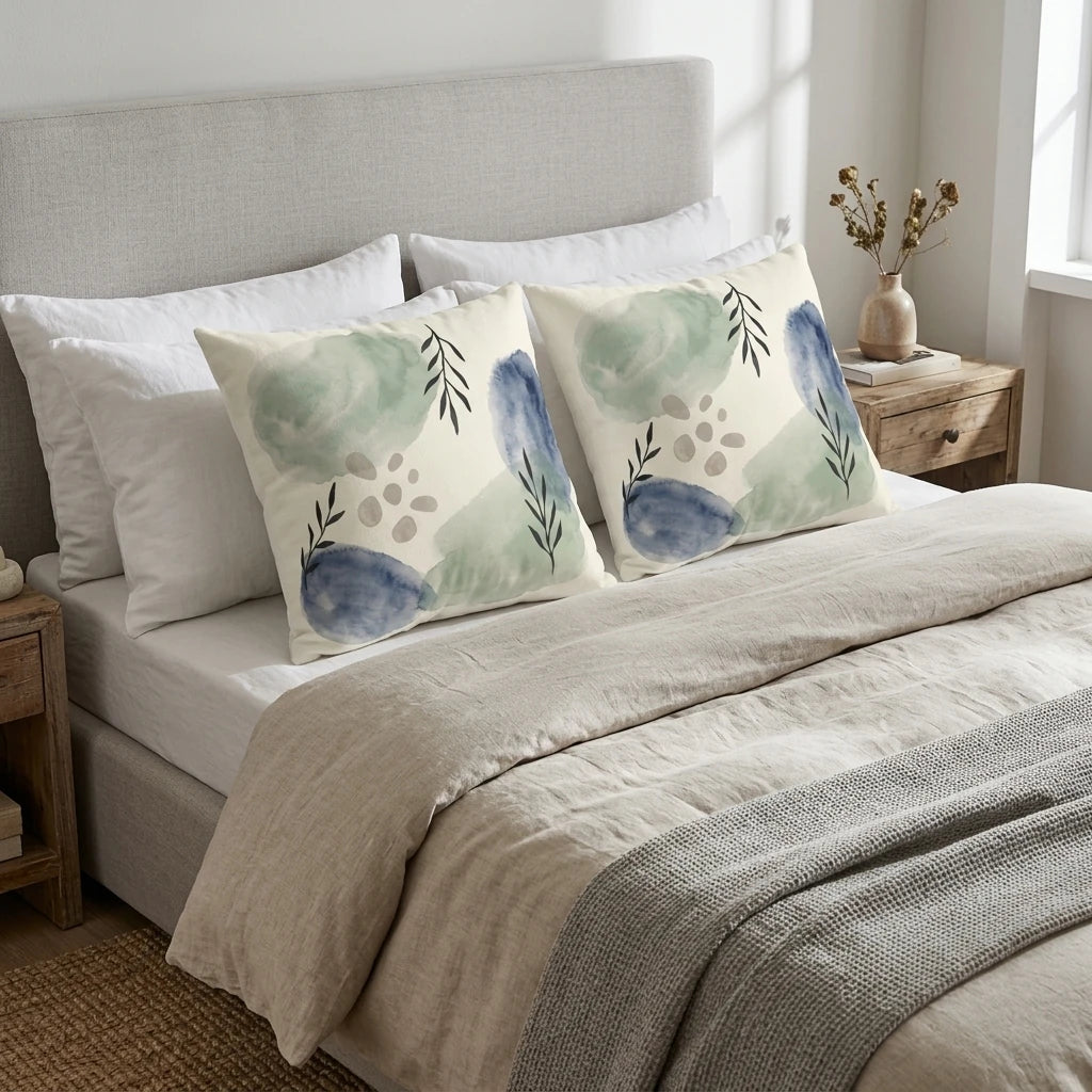 Two decorative cushions with abstract blue and green watercolor botanical patterns on a cozy bed with beige linen bedding and a grey headboard.