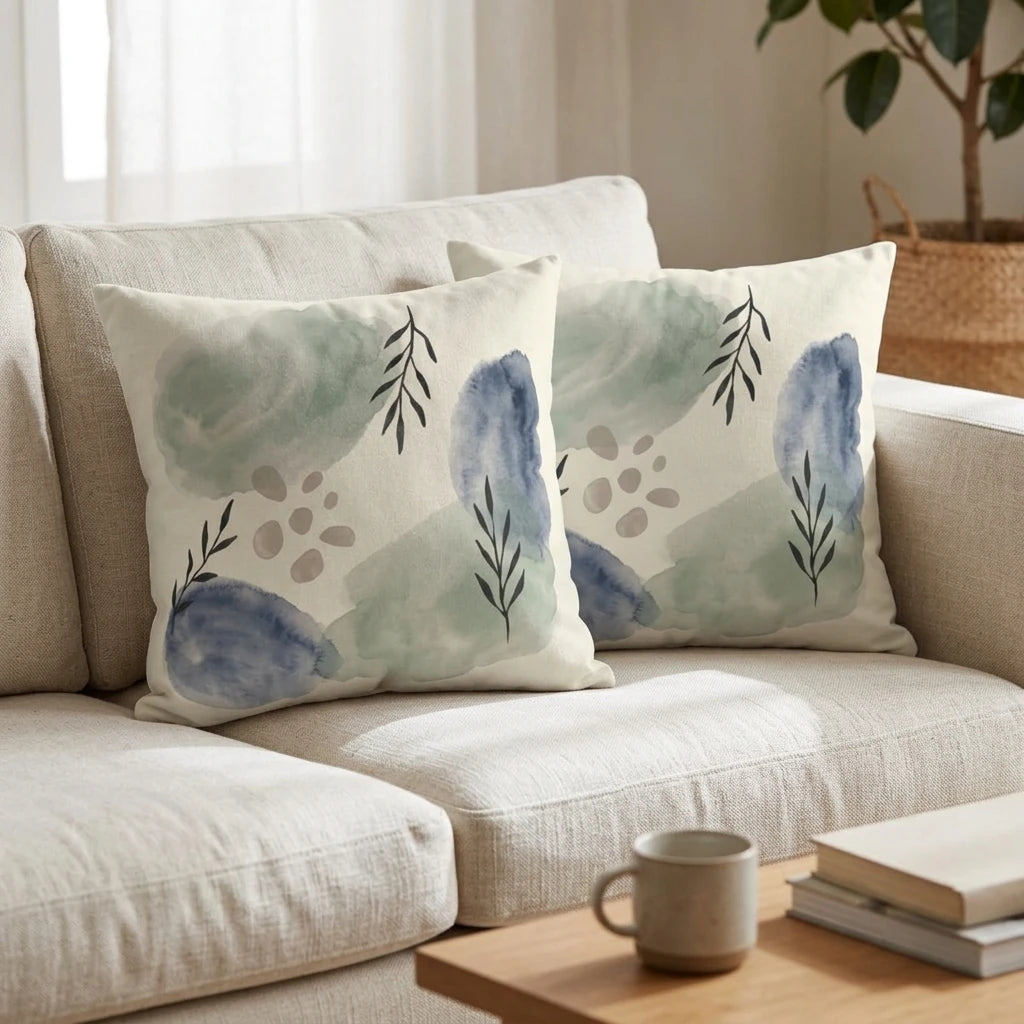 Two decorative cushions with abstract watercolor patterns and botanical leaf designs displayed on a light beige sofa in a modern living room.