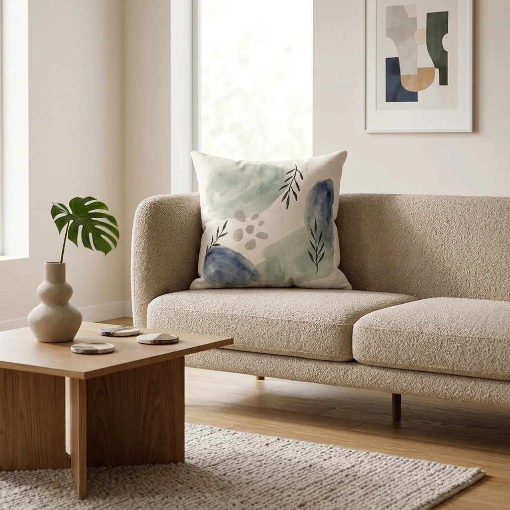 Decorative cushion with abstract green and blue watercolor prints on a textured beige sofa in a minimalist modern living room scene.