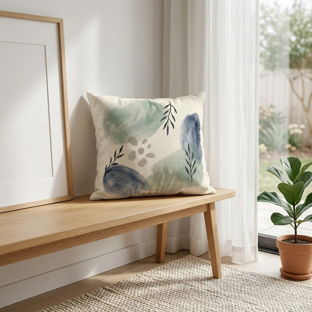 Abstract watercolor throw pillow with sage green and blue shapes on a wooden bench in a minimalist interior with white curtains and a plant.