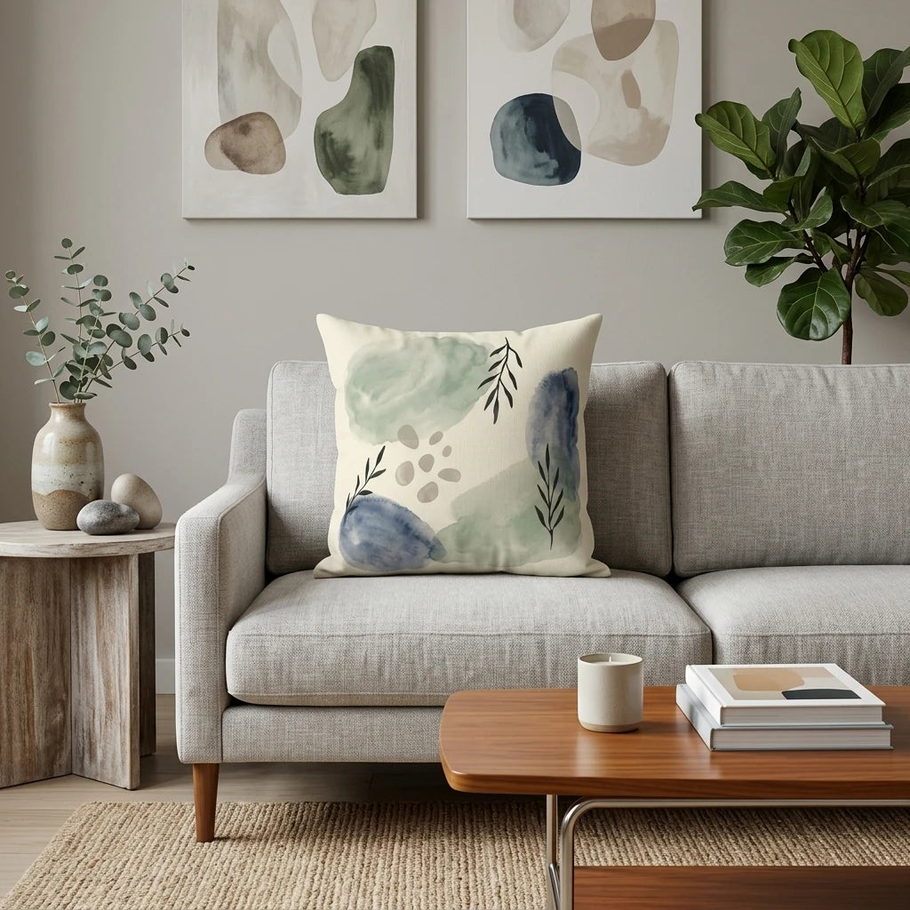 Decorative throw pillow with green and blue abstract watercolor design on a modern gray sofa in a bright living room with minimalist decor.