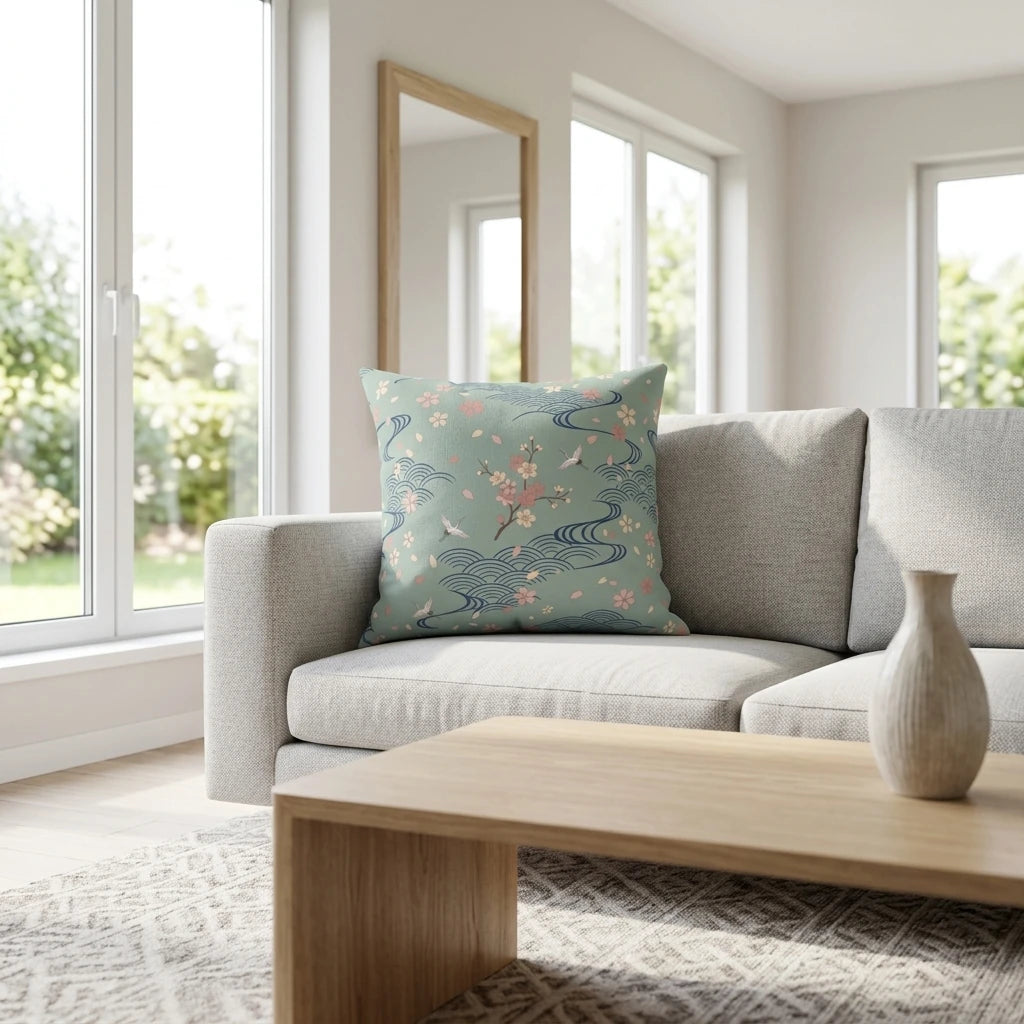 Sage green Japanese design cushion with cherry blossoms and cranes on a light grey sofa in a bright, modern living room setting.