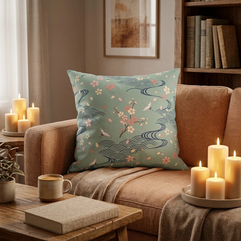 Decorative sage green pillow with Japanese cherry blossom and crane design on a cozy brown sofa near lit candles and coffee.