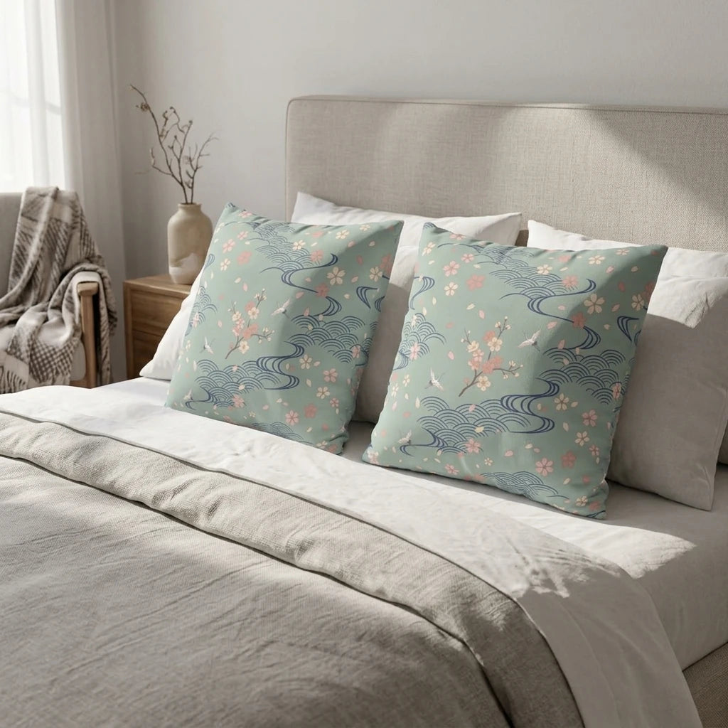 Two sage green cushions with Japanese cherry blossom and wave patterns on a neutral bed in a bright, minimalist bedroom setting.